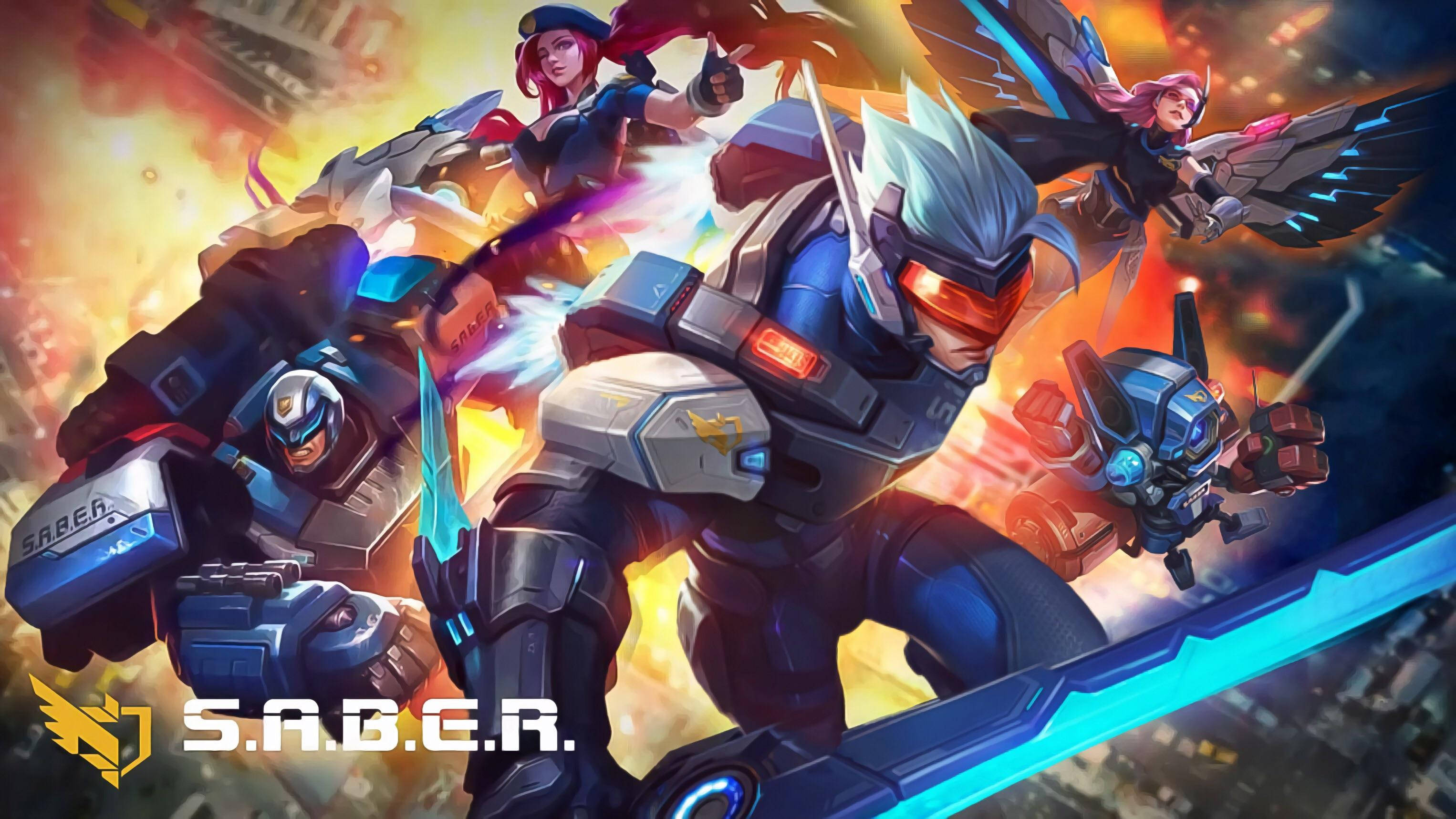 Mobile Legends 動態圖 桌布 壁紙 — 動漫風格機甲戰士在熾熱爆炸中於城市景觀上空戰鬥，配備發光藍色能量刀刃。