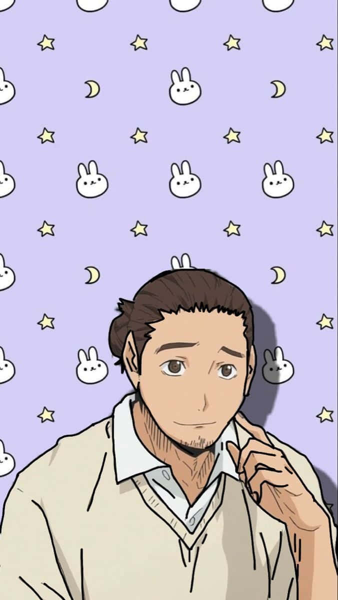 Asahi Azumane 桌布 壁紙 — 動漫風格男子，棕色頭髮和鬍鬚，身穿米色毛衣，背景為紫色，帶有重複的白色兔子、星星和彎月。