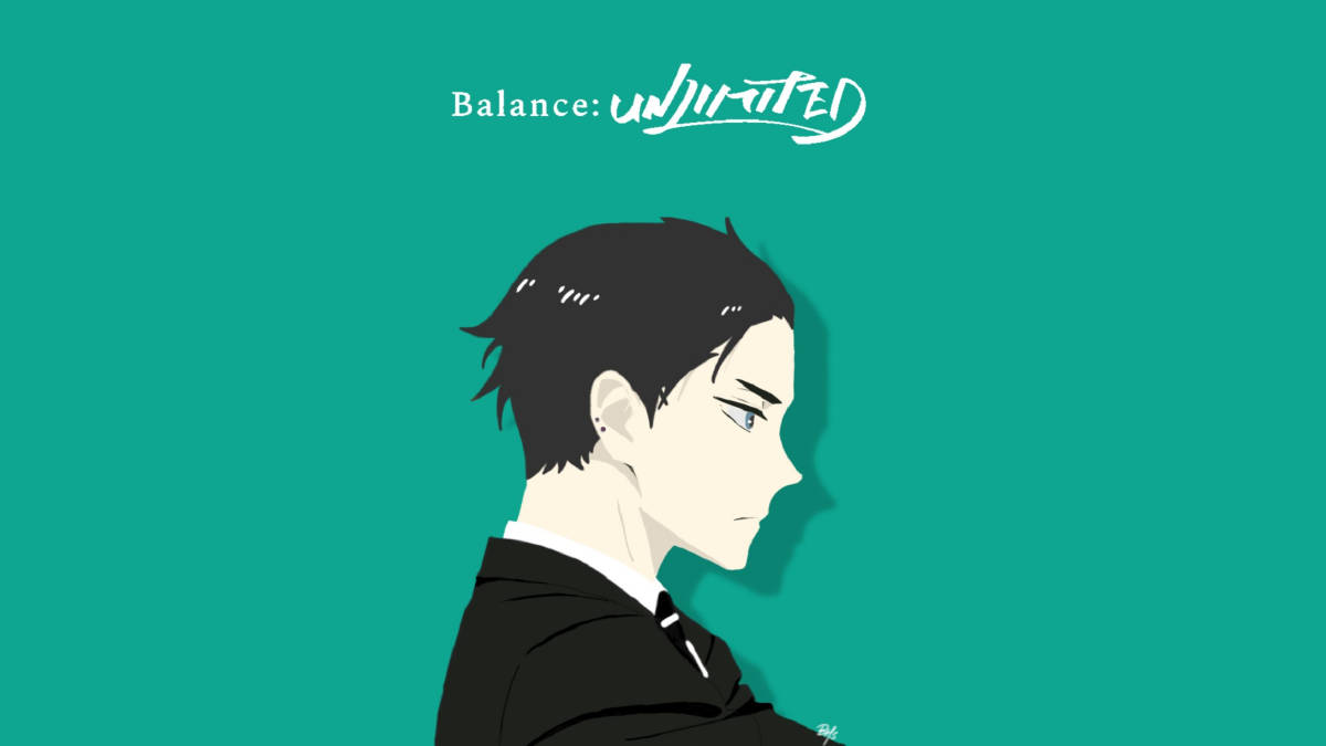 daisuke kambe 桌布 壁紙 — 動漫風格男性角色側面，背景為純青色，帶有文字 Balance unjurrated。