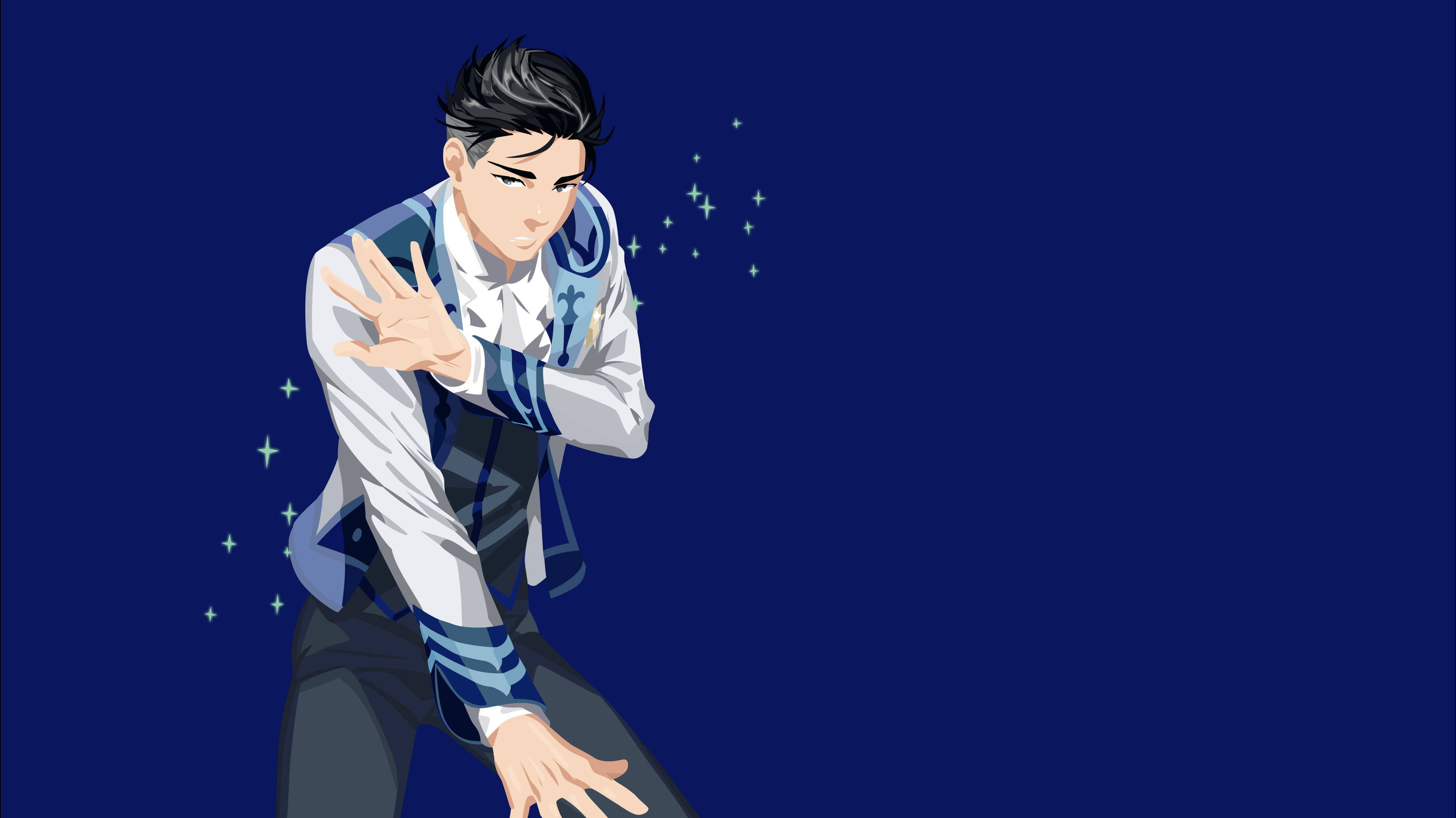 yuri 桌布 壁紙 — 動漫風格男性角色穿著藍白服裝，在深藍色星空背景下動態蹲下。