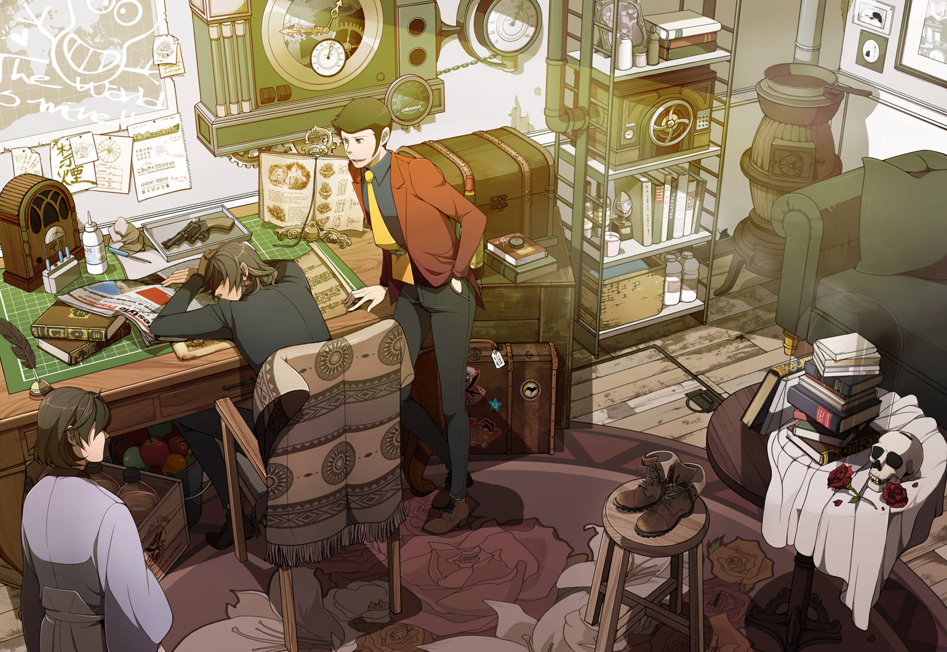 Lupin 桌布 壁紙 — 動漫風格的偵探和助手在一個雜亂的復古書房裡，充滿了書籍、時鐘和神秘線索。