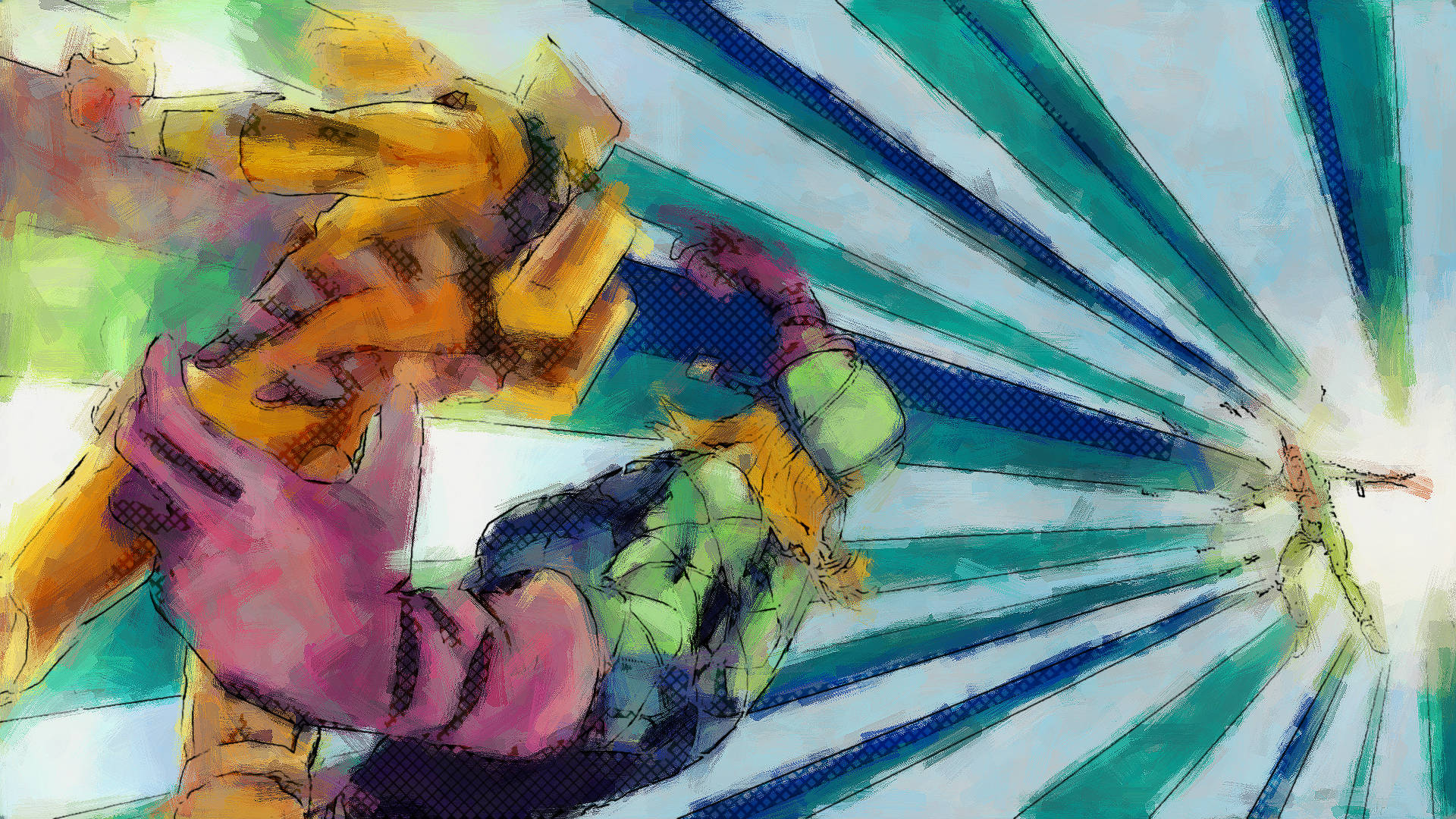 Johnny Joestar 桌布 壁紙 — 動漫風格的動態戰士碰撞，爆炸性能量光束從他們手中放射，背景是條紋青綠色和白色。