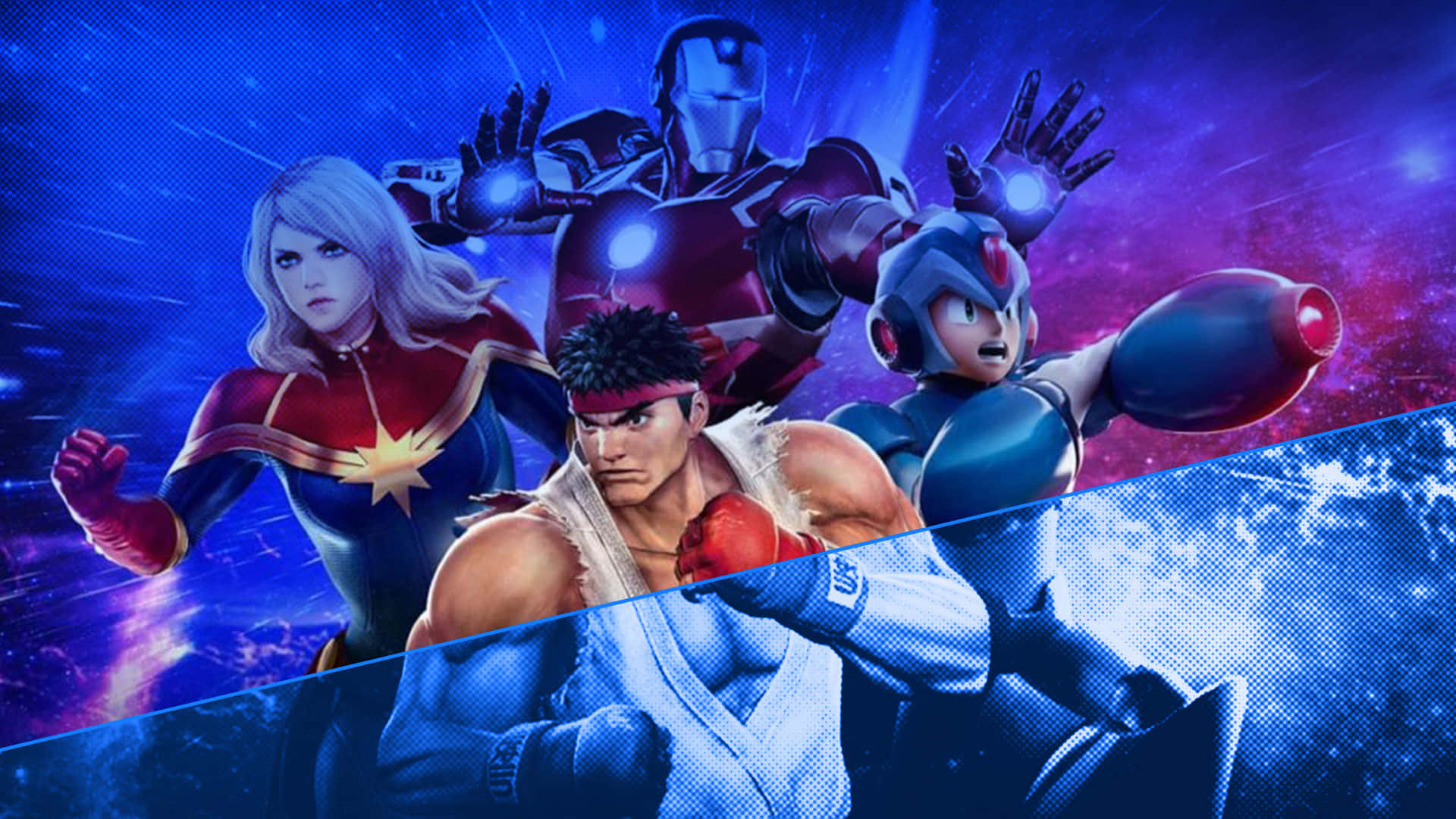 Marvel Vs Capcom Characters 桌布 壁紙 — 動漫風格的動態英雄，包括Captain Marvel、Iron Man和Ryu，在宇宙藍紫色星雲背景下英勇擺姿勢。
