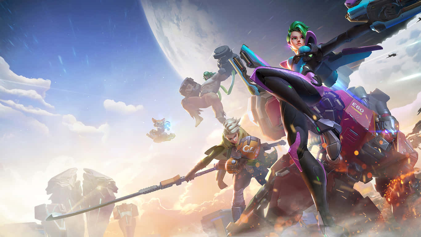Moba Games 桌布 壁紙 — 動漫風格的動態英雄在漂浮的碎片和巨型月亮之間，在充滿活力的天空下戰鬥。