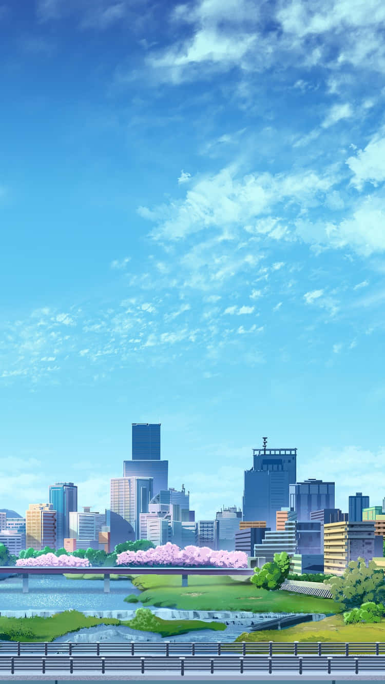 動漫 桌布 壁紙 — 動漫風格的城市景觀，櫻花樹沿河排列，天空湛藍，白雲點綴。