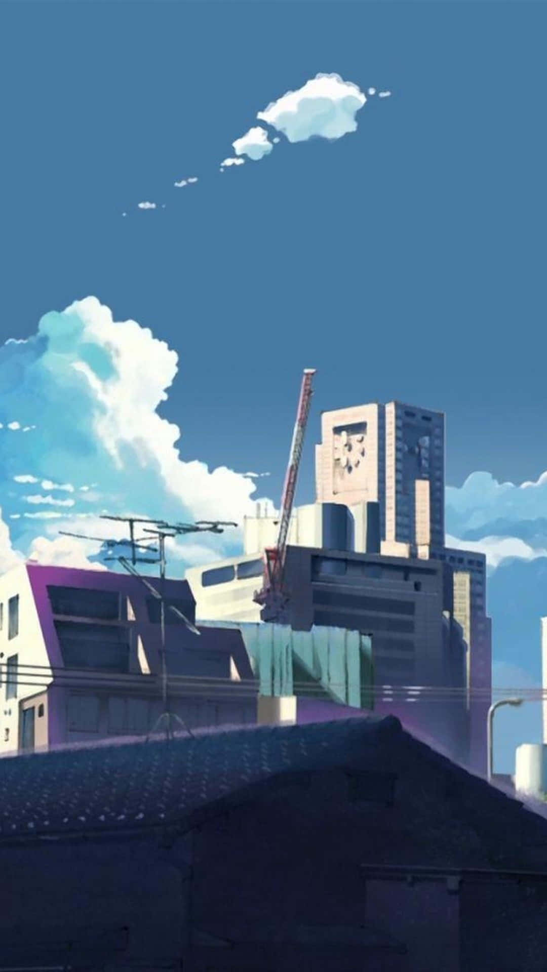 動漫城市景觀，建築和起重機在藍天白雲下。 — 5K 壁紙