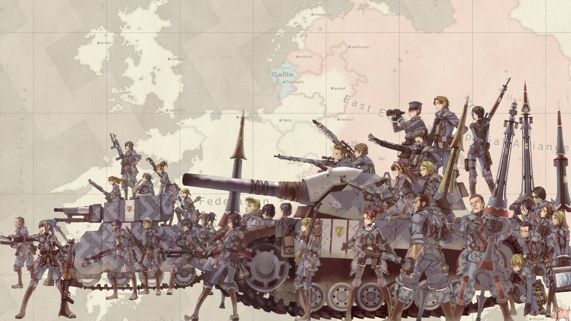 Valkyria Chronicles 桌布 壁紙 — 動漫風格的士兵和坦克在一個帶有標籤國家的虛構大陸地圖上準備就緒。