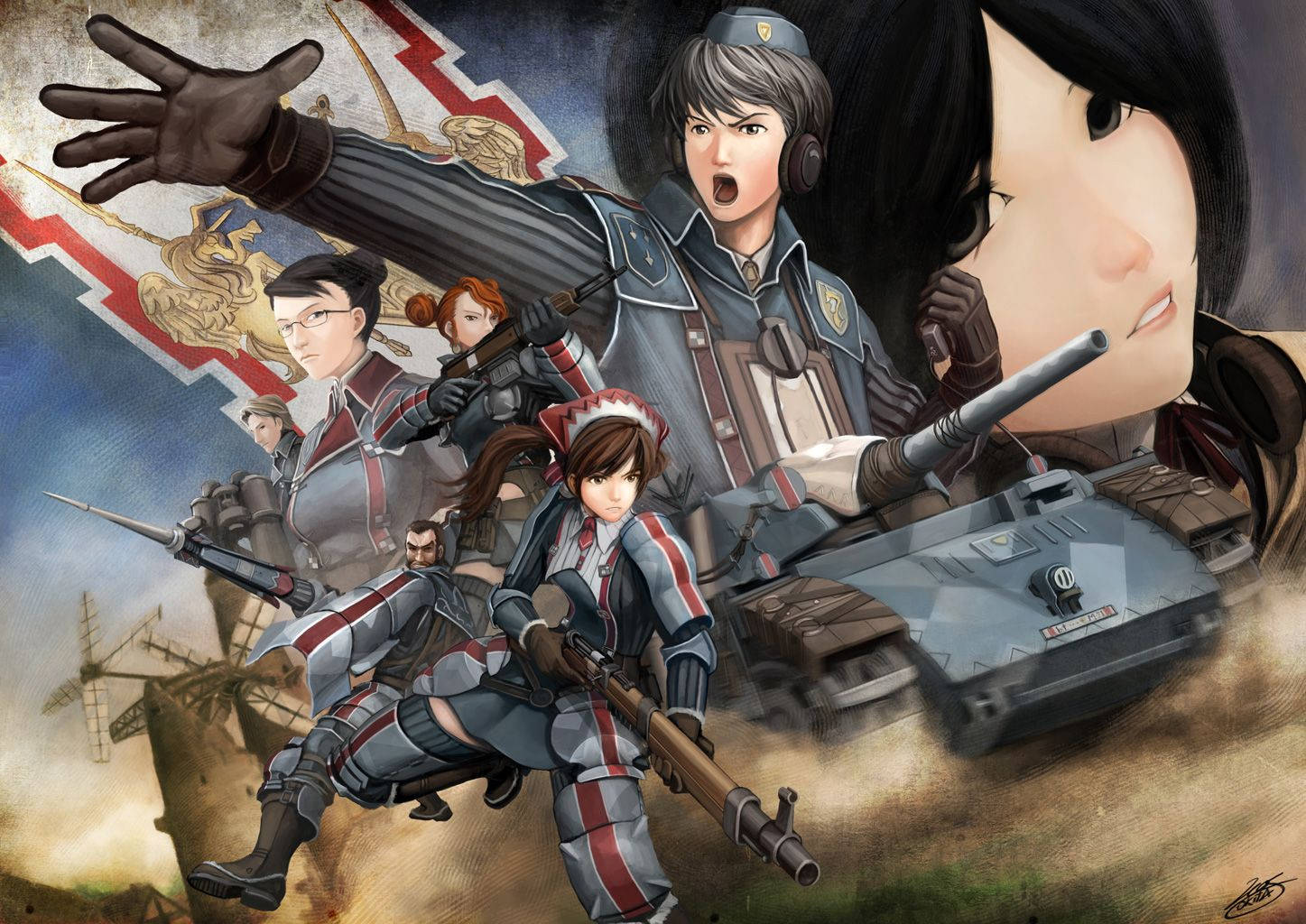 Valkyria Chronicles 桌布 壁紙 — 動漫風格的士兵穿著灰色和紅色制服，持步槍和坦克在暴風雨的天空下衝鋒。
