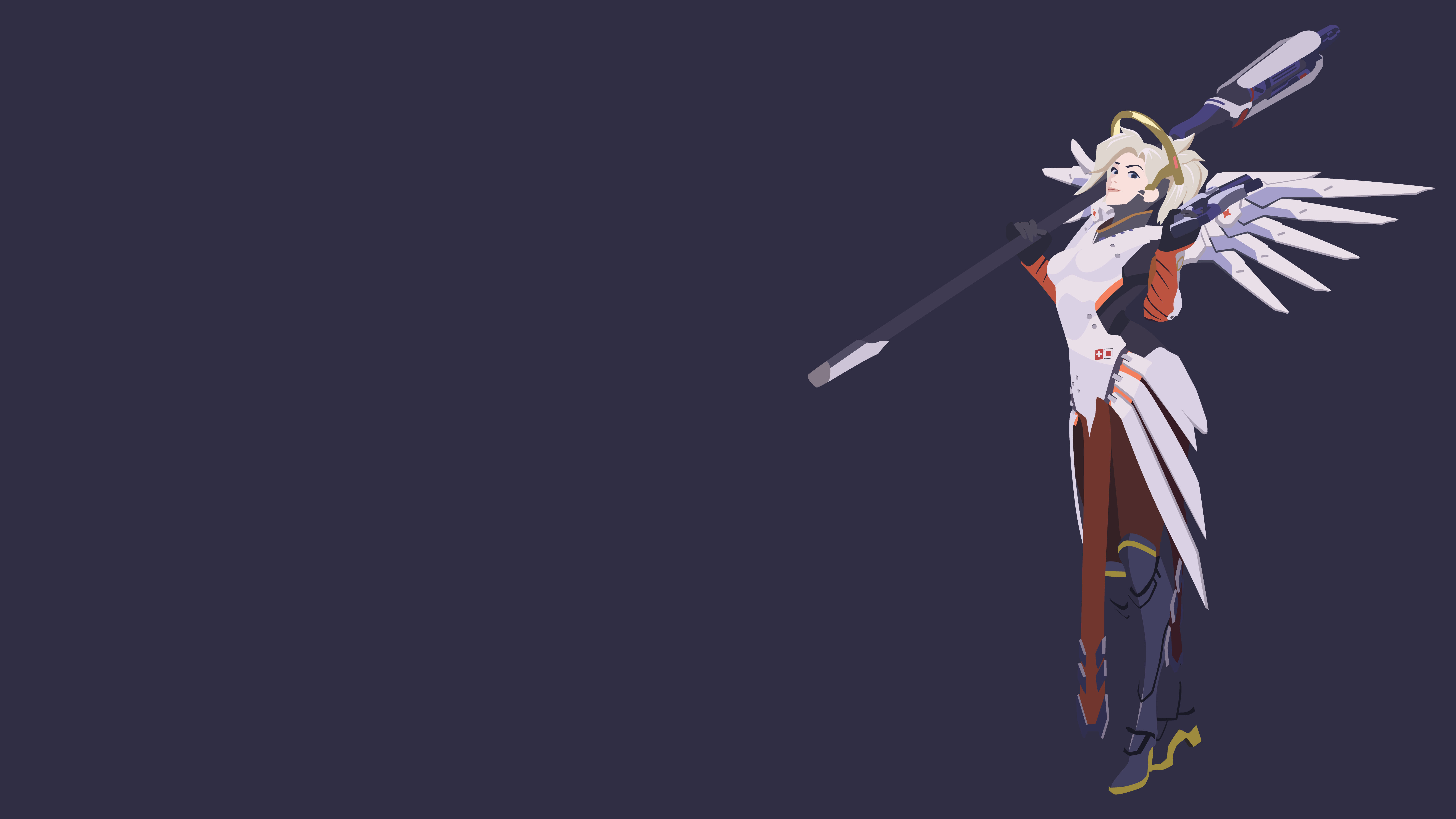 Mercy 桌布 壁紙 — 動漫風格的女戰士，擁有白色翅膀和步槍，在深藍色背景前擺出姿勢。