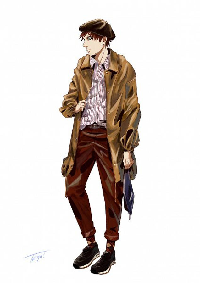 Gaara 桌布 壁紙 — 動漫風格的年輕男子穿著棕色風衣和貝雷帽，自信地站在純白色背景前，手持藍色雨傘。