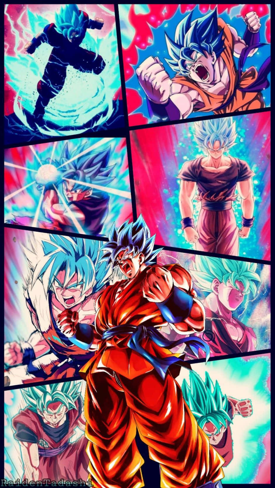 Goku Kaioken 桌布 壁紙 — 動漫風格的悟空多種超級賽亞人形態動態拼貼，在鮮豔的宇宙背景中釋放強大的能量攻擊。