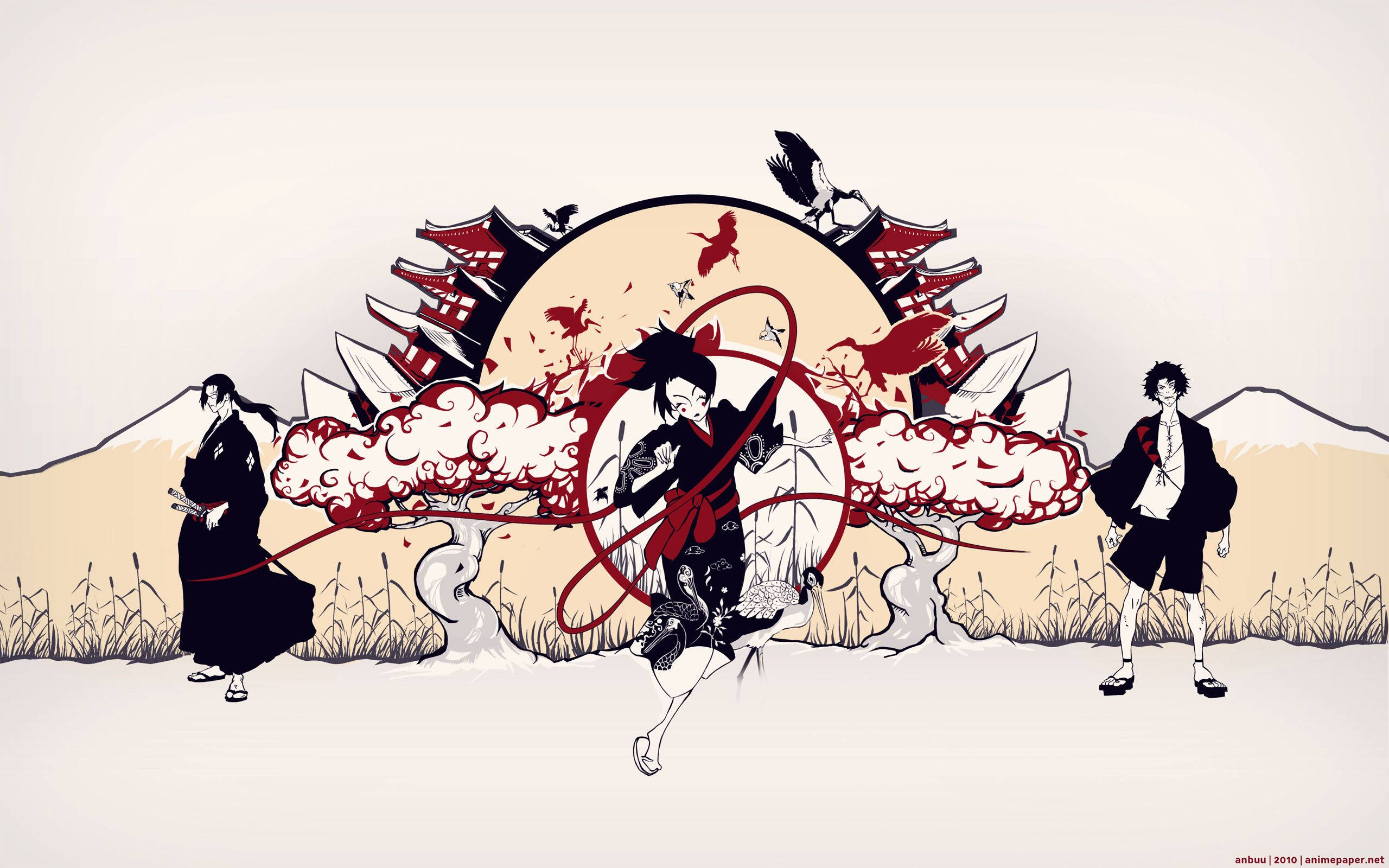 Samurai Champloo 桌布 壁紙 — 動漫風格的武士戰士在風格化的太陽背景下戲劇性地衝突，帶有紅色飛濺和傳統建築。
