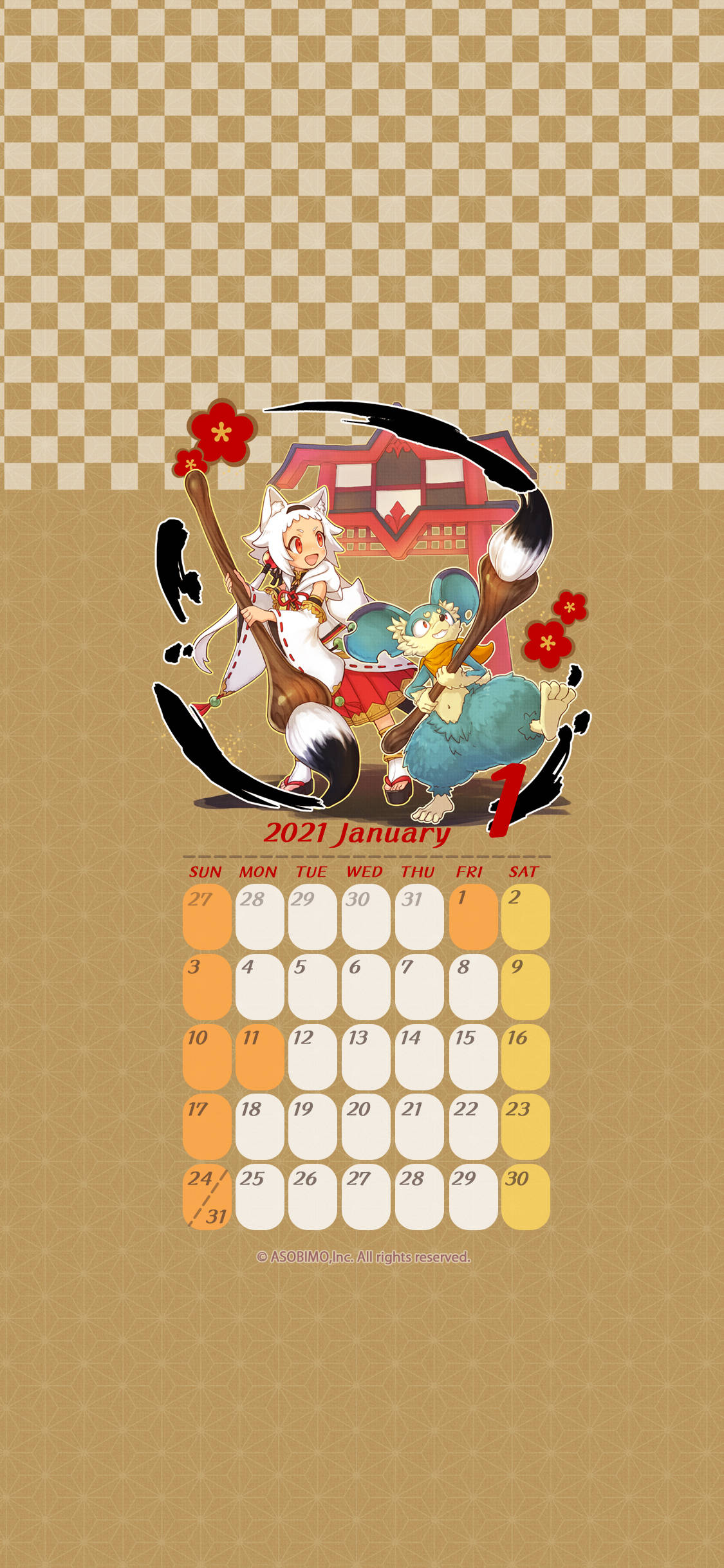 2021 Calendar 桌布 壁紙 — 動漫風格的狐狸精靈在2021年1月的日曆上，圍著傳統日本房屋歡快地跳舞，背景是格子圖案。