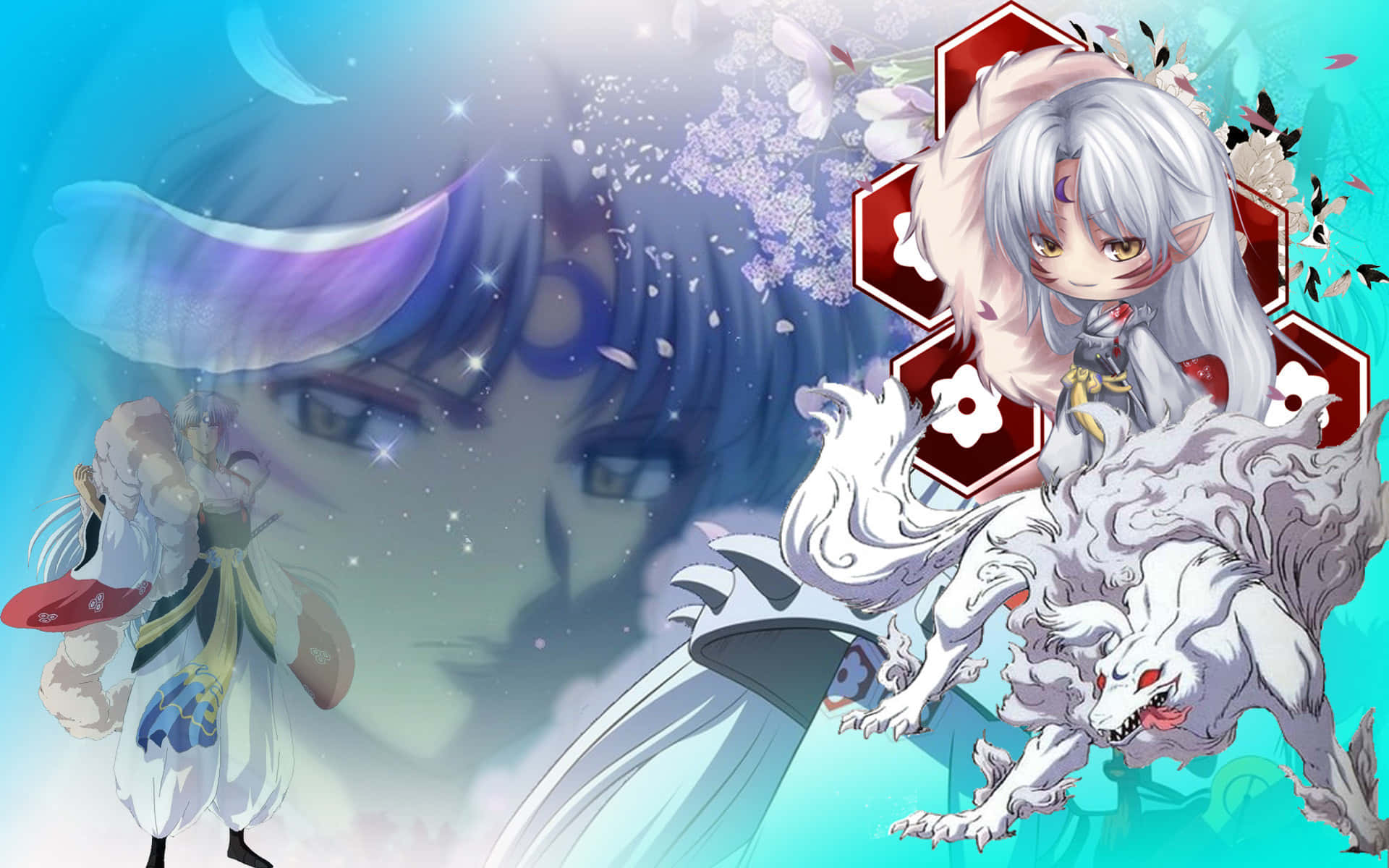 Sesshomaru 桌布 壁紙 — 動漫風格的白髮紅眼狐仙騎著白狼，背景是夢幻藍色調，有櫻花和遠處的一張大臉。