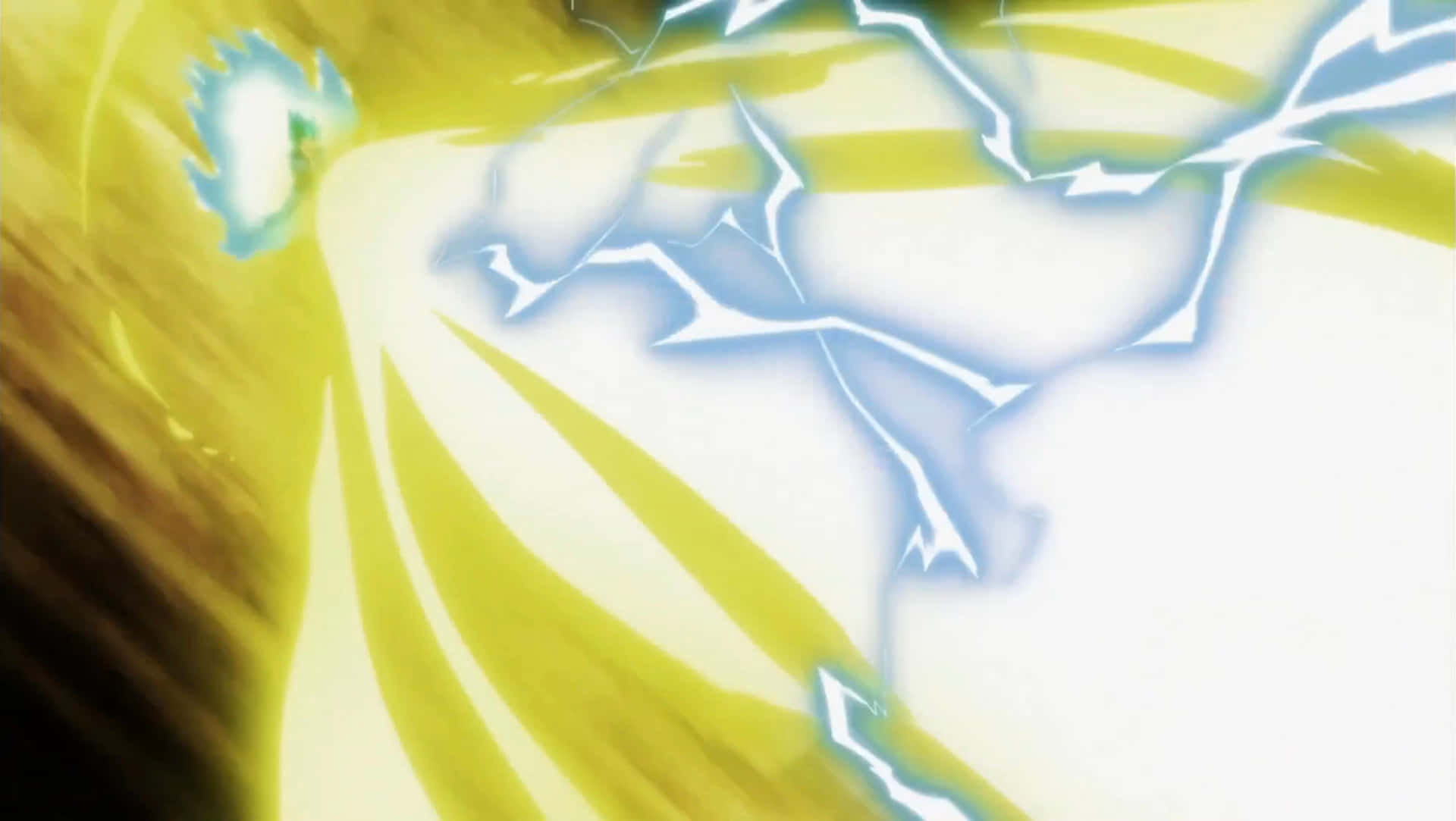 Vegeta's Final Flash 桌布 壁紙 — 動漫風格的能量爆發，鋸齒狀藍色閃電在明亮的黃白背景上劈啪作響。