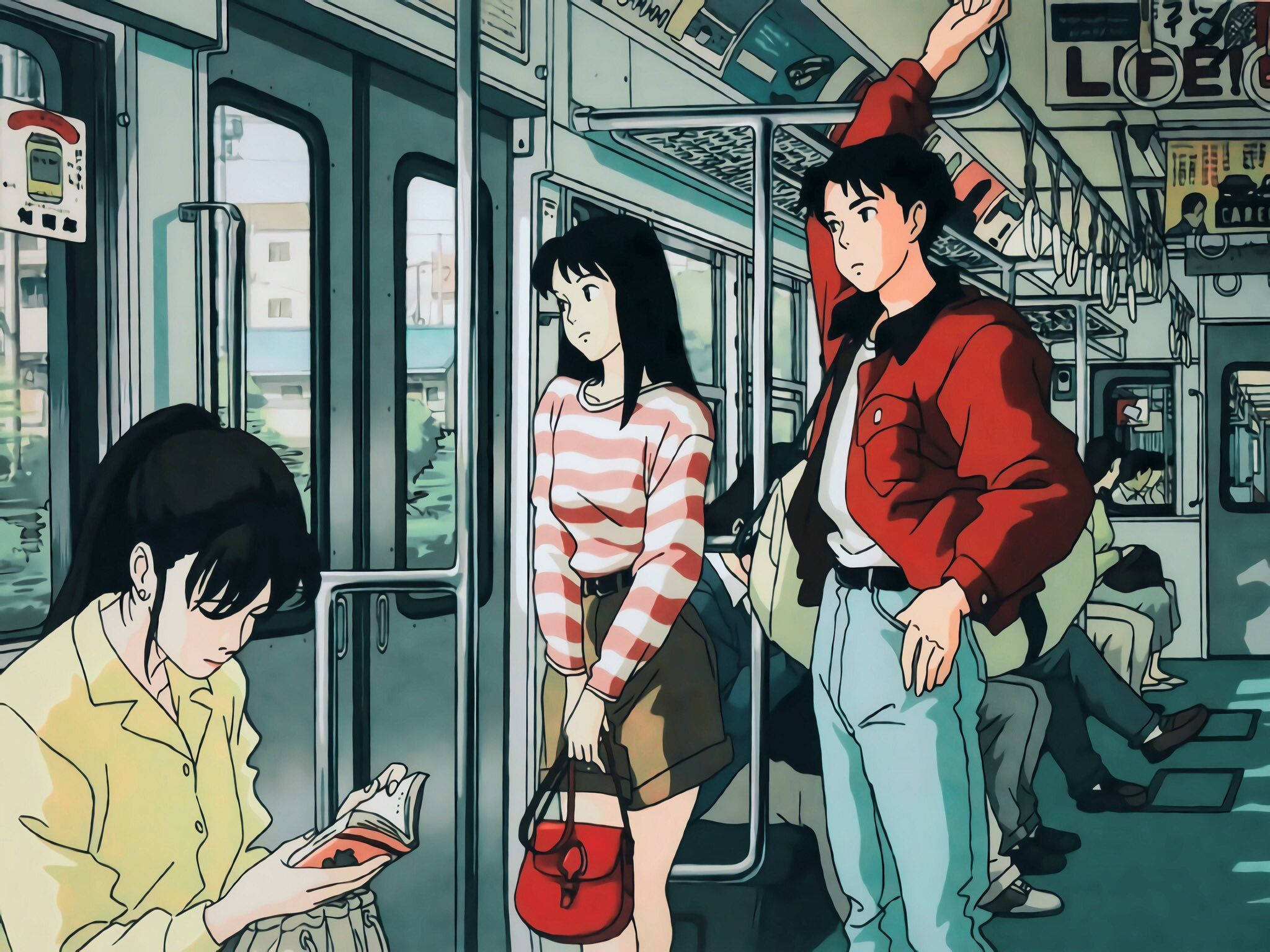 waves 桌布 壁紙 — 動漫風格的通勤者在擁擠的地鐵車廂中，一名女子在閱讀，一名男子握著扶手杆。