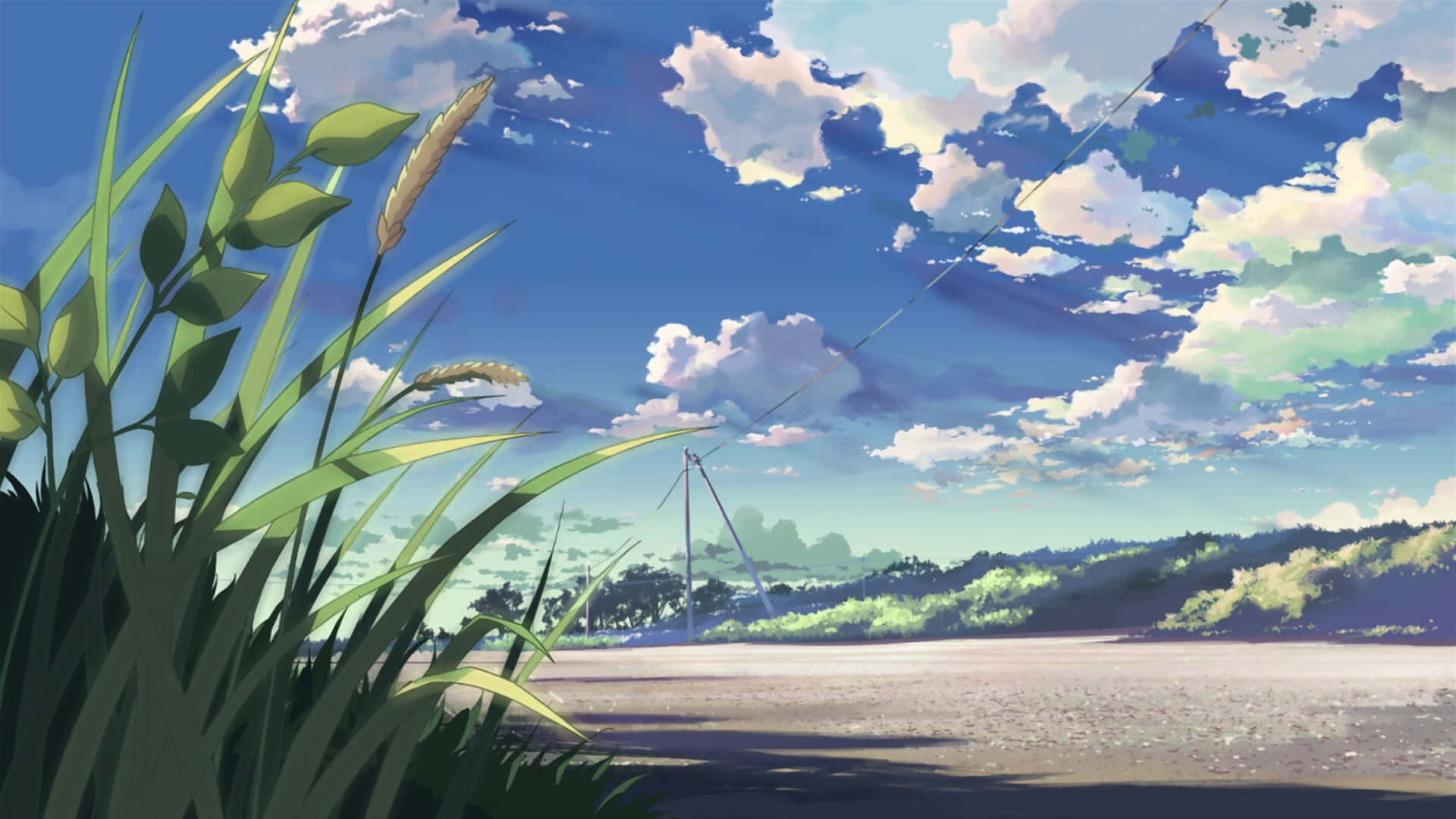 Beautiful Anime Scenery 桌布 壁紙 — 動漫風格的高大綠草田野，在明亮的藍天下搖曳，有蓬鬆的白雲和遠處的風力渦輪機。
