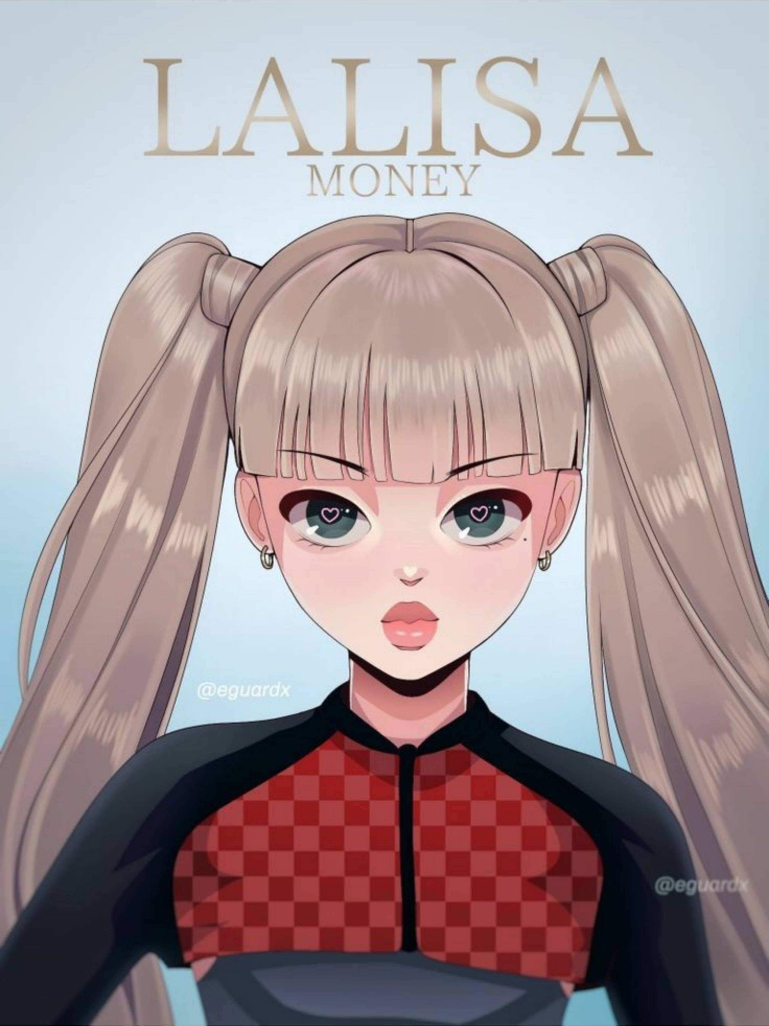 lisa blackpink 桌布 壁紙 — 動漫風格肖像，Lalisa Money 金色雙馬尾、心形眼睛、紅色格紋上衣，淺藍色背景。
