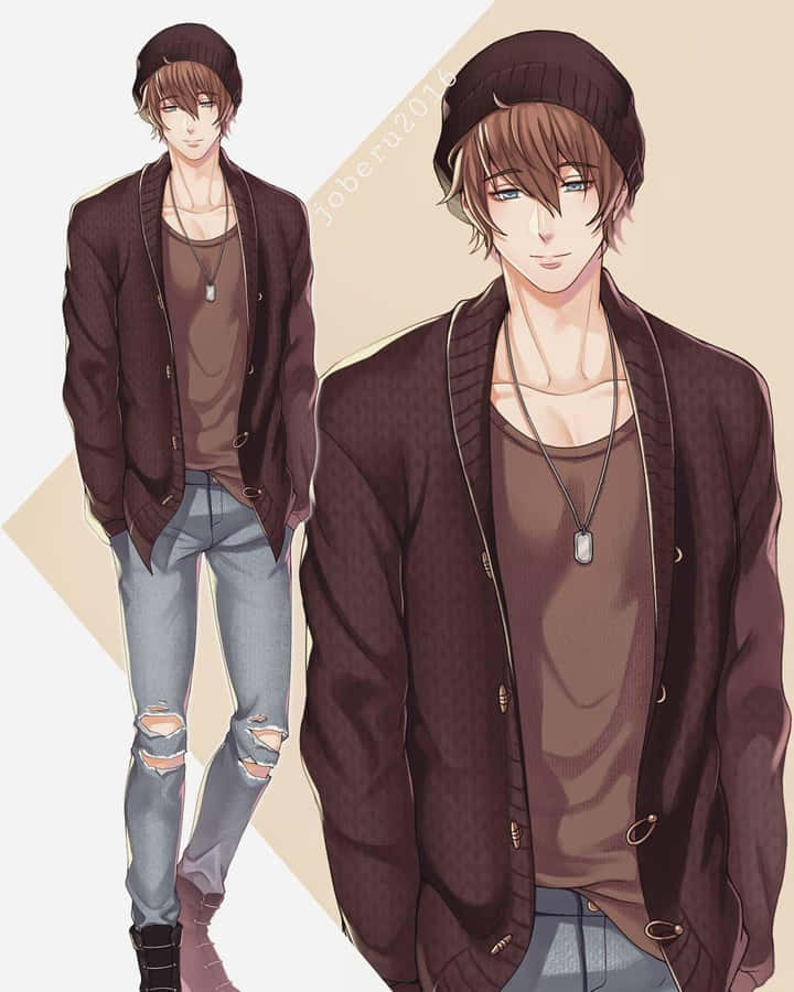 Gay Anime 桌布 壁紙 — 動漫風格肖像，一名年輕男子戴著毛帽和破洞牛仔褲，在柔和米色和白色背景前以兩個角度擺姿勢。
