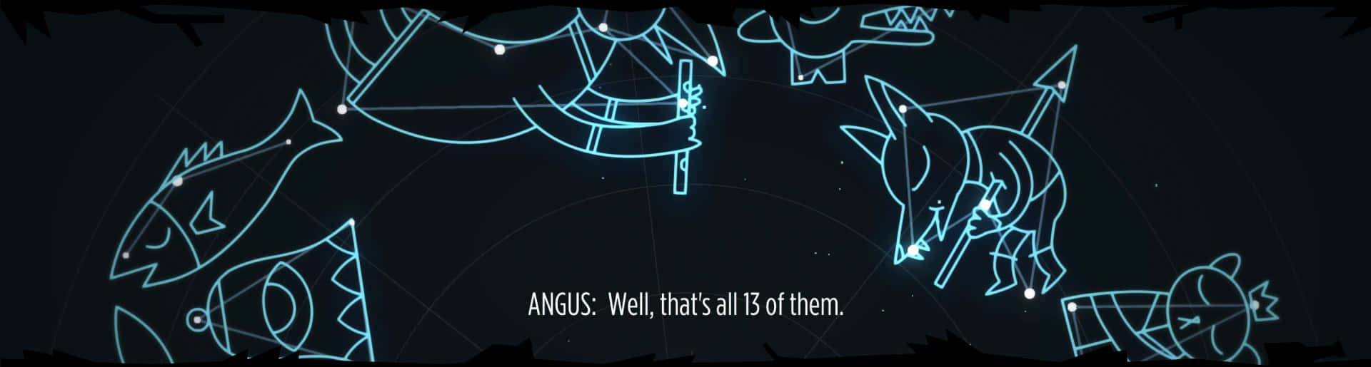 Night In The Woods 桌布 壁紙 — 動物和物體的發光藍色線條星座在深色背景上浮動，帶有文字疊加。