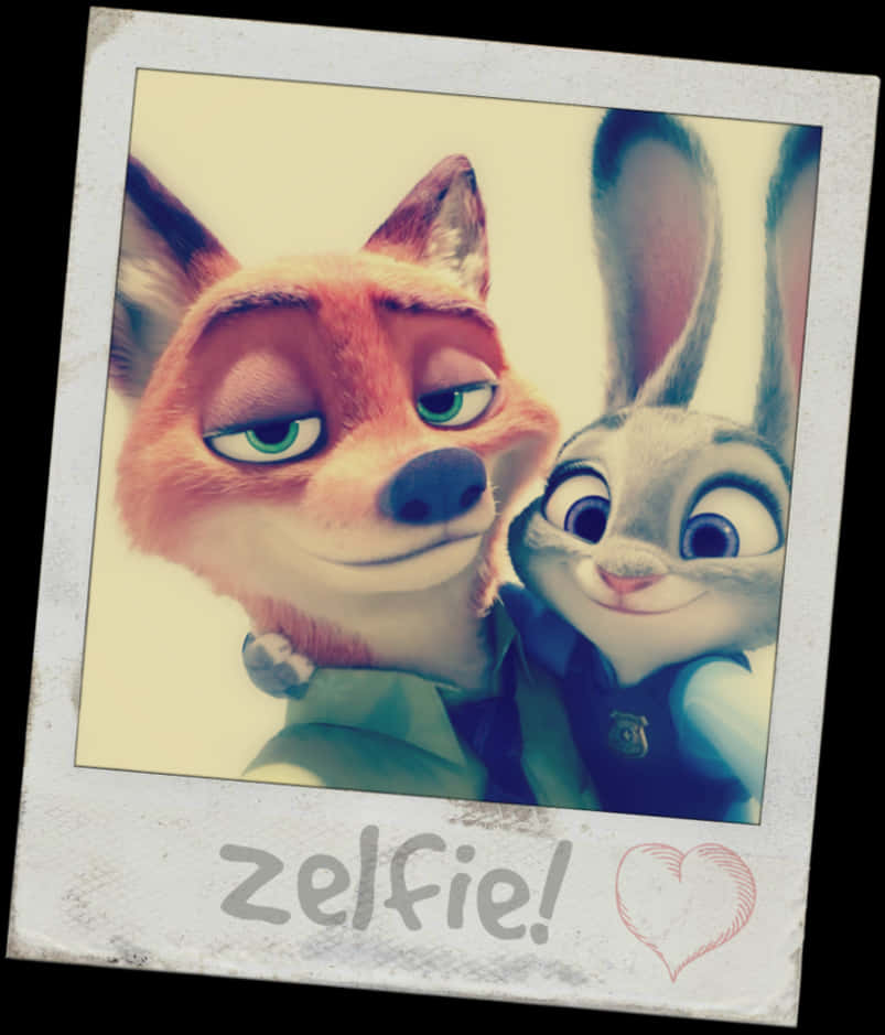 Disney Character 桌布 壁紙 — 《動物方城市》中狐狸和兔子角色以玩味表情擺姿勢的拍立得風格自拍。