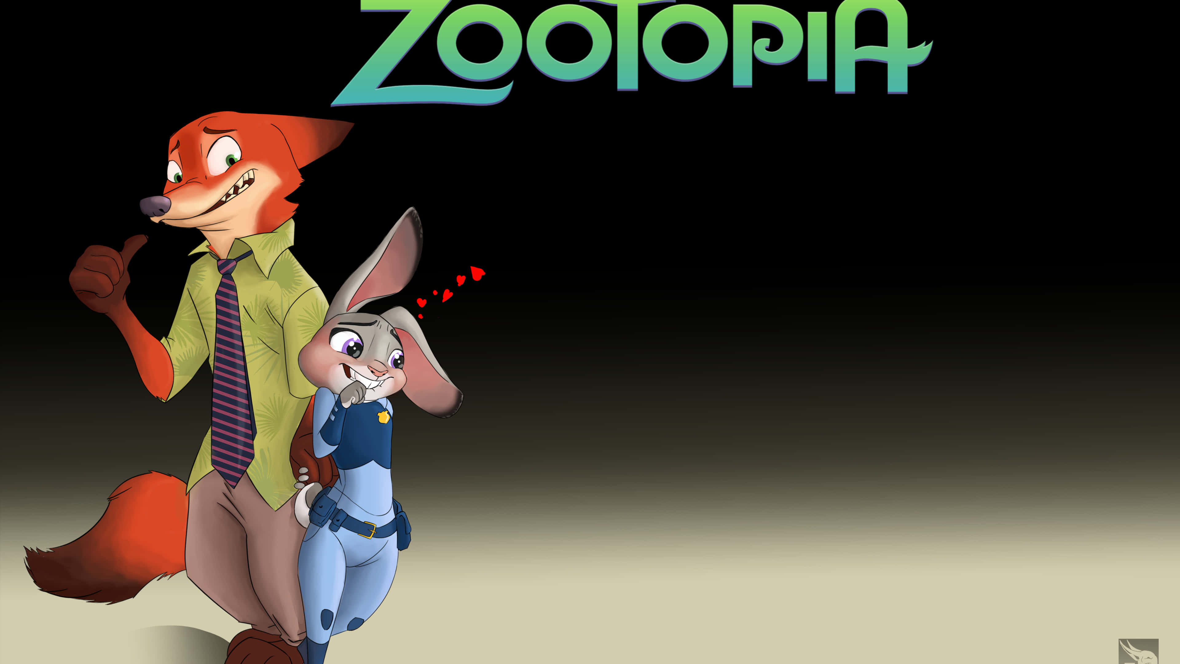 Animation Movies 桌布 壁紙 — 《動物方城市》的狐狸和兔子角色一起站在深色漸變背景前豎起大拇指。