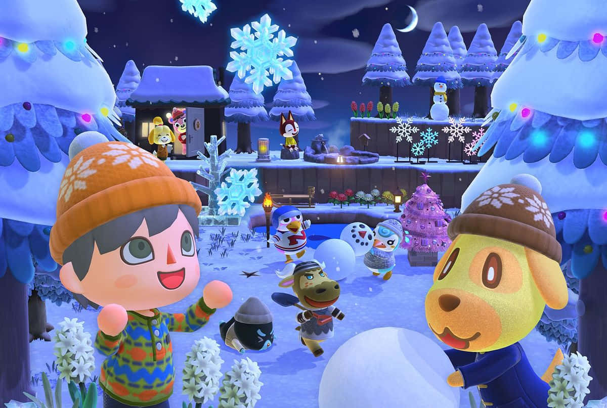 冬天 桌布 壁紙 — 動物森友會的角色在彎月下用發光裝飾和雪人慶祝雪白的冬夜。