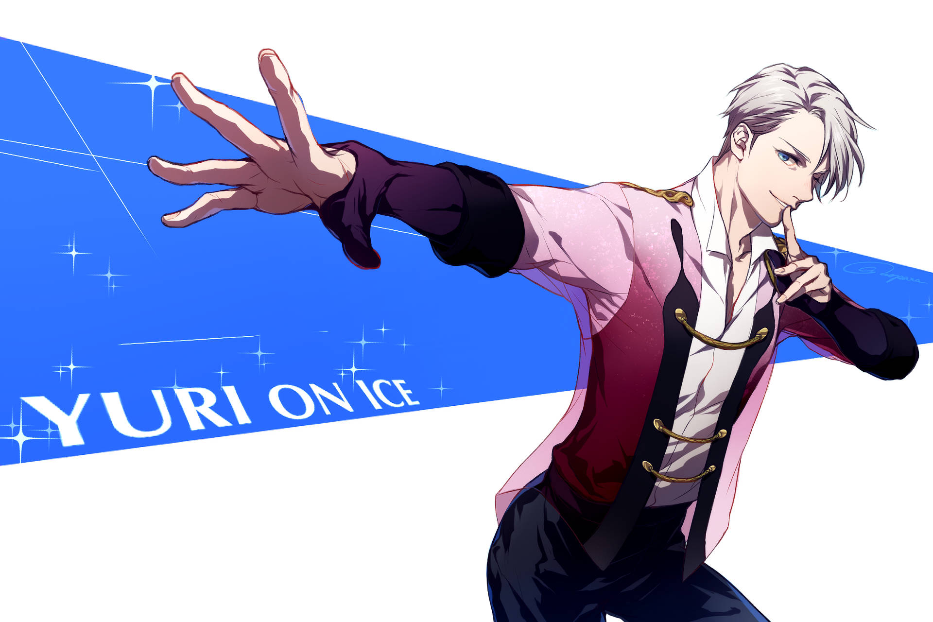 yuri 桌布 壁紙 — 動畫《Yuri on Ice》中的角色尤里在閃爍的藍色對角線背景上擺出動態姿勢。