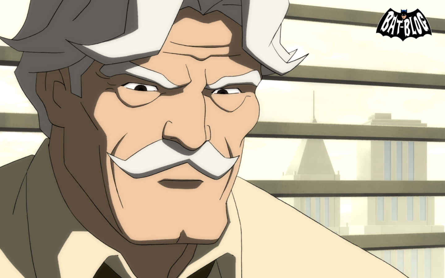 Commissioner Gordon 桌布 壁紙 — 動畫中灰白頭髮、留白鬍子的男子，透過窗簾怒目而視的特寫。
