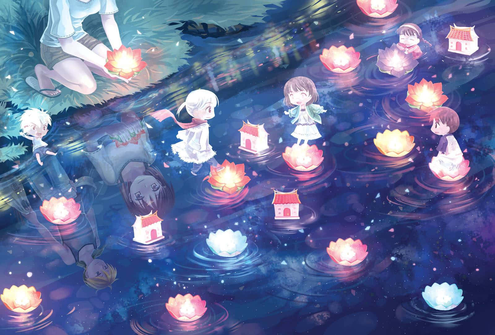 Beautiful Anime 桌布 壁紙 — 動畫兒童漂浮在發光的蓮花燈籠上，穿越星空夜晚的池塘，有微型房屋和柔和漣漪。