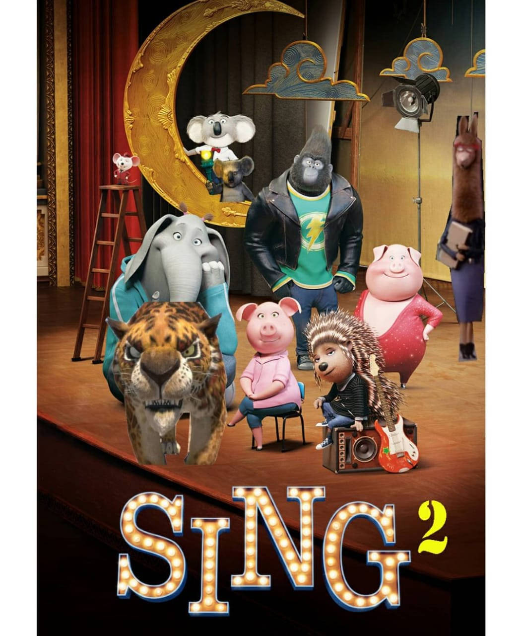 電影動圖 桌布 壁紙 — 動畫動物角色在金色月亮裝飾和發光的「SING 2」標誌燈光下於劇院舞台上表演。
