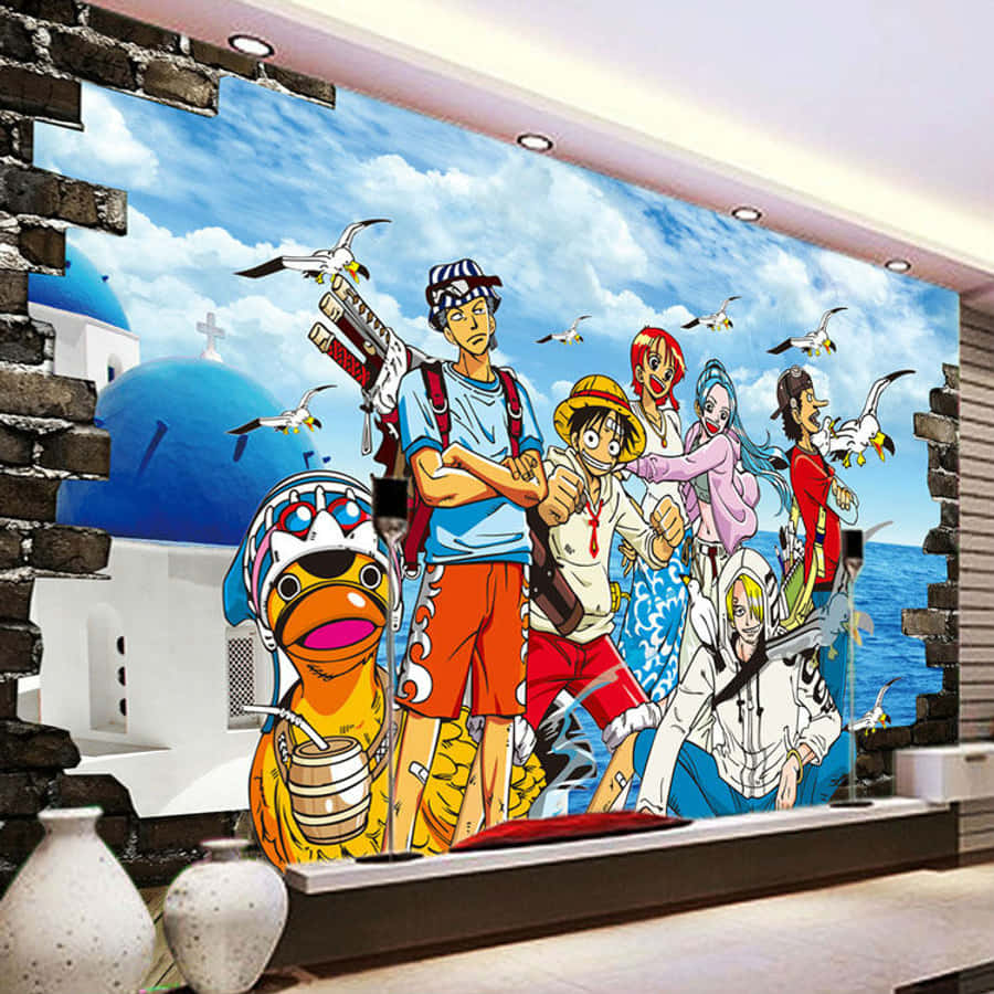 海賊王 桌布 壁紙 — 動畫團隊站在藍色圓頂的希臘式建築前，海鷗在晴朗的天空下飛翔。