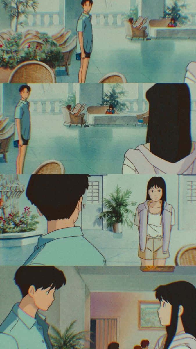 Studio Ghibli Ocean Waves 桌布 壁紙 — 動畫場景，一個男孩和一個女孩在陽光明媚的室內庭院中相遇，庭院裡有盆栽植物和柳條家具。