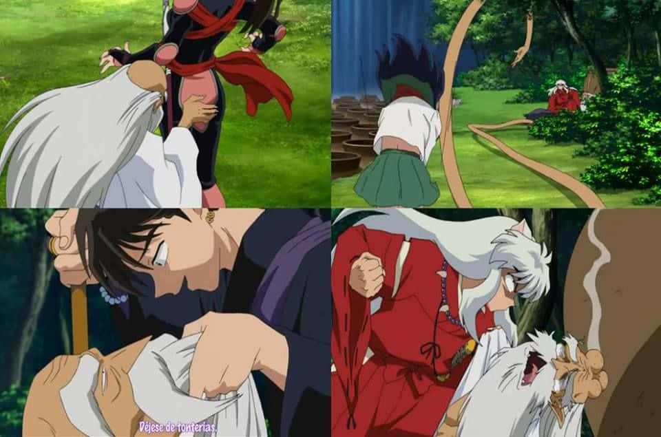 Inuyasha And Miroku 桌布 壁紙 — 動畫場景展示森林中的角色以及充滿活力的綠色和紅色的情感時刻。