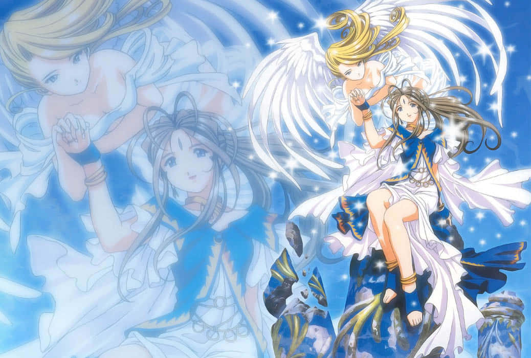 Ah My Goddess 桌布 壁紙 — 動畫天使，擁有飄逸的金色長髮和白色翅膀，在閃爍的藍天和空靈的光芒中翱翔。