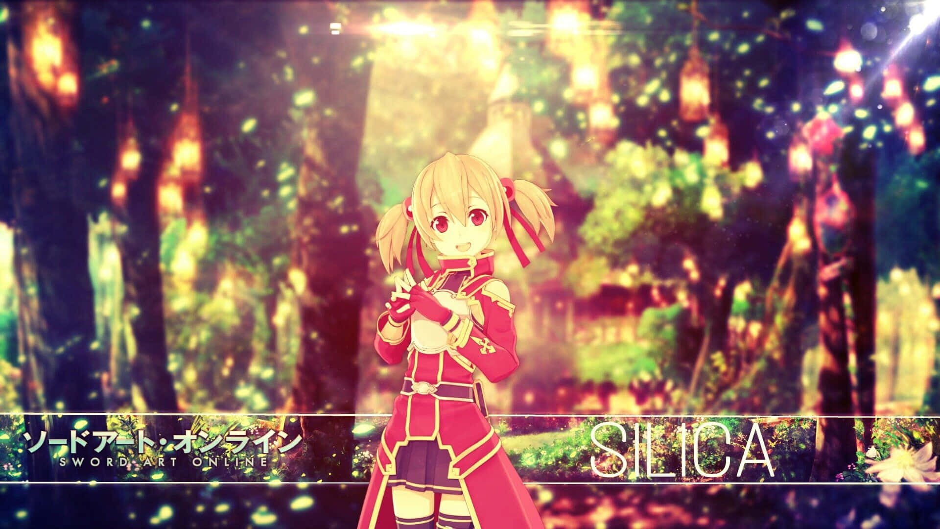 Sword Art Online Silica 桌布 壁紙 — 動畫女孩 Silica 身穿紅色服裝，站在閃閃發光的魔法森林中，周圍有燈籠和魔法閃光。