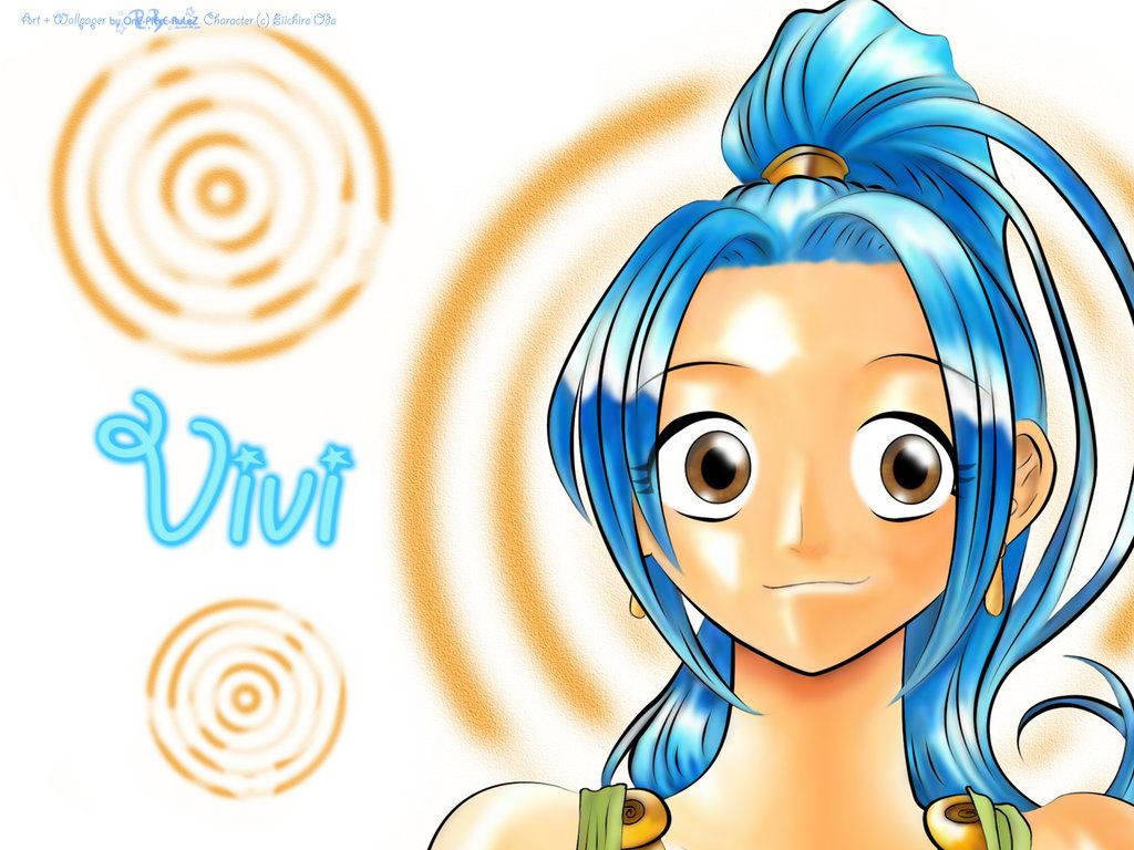 nefertari vivi 桌布 壁紙 — 動畫女孩，一頭充滿活力的藍色高馬尾，在帶有金色螺旋圖案的白色背景上溫暖地微笑。