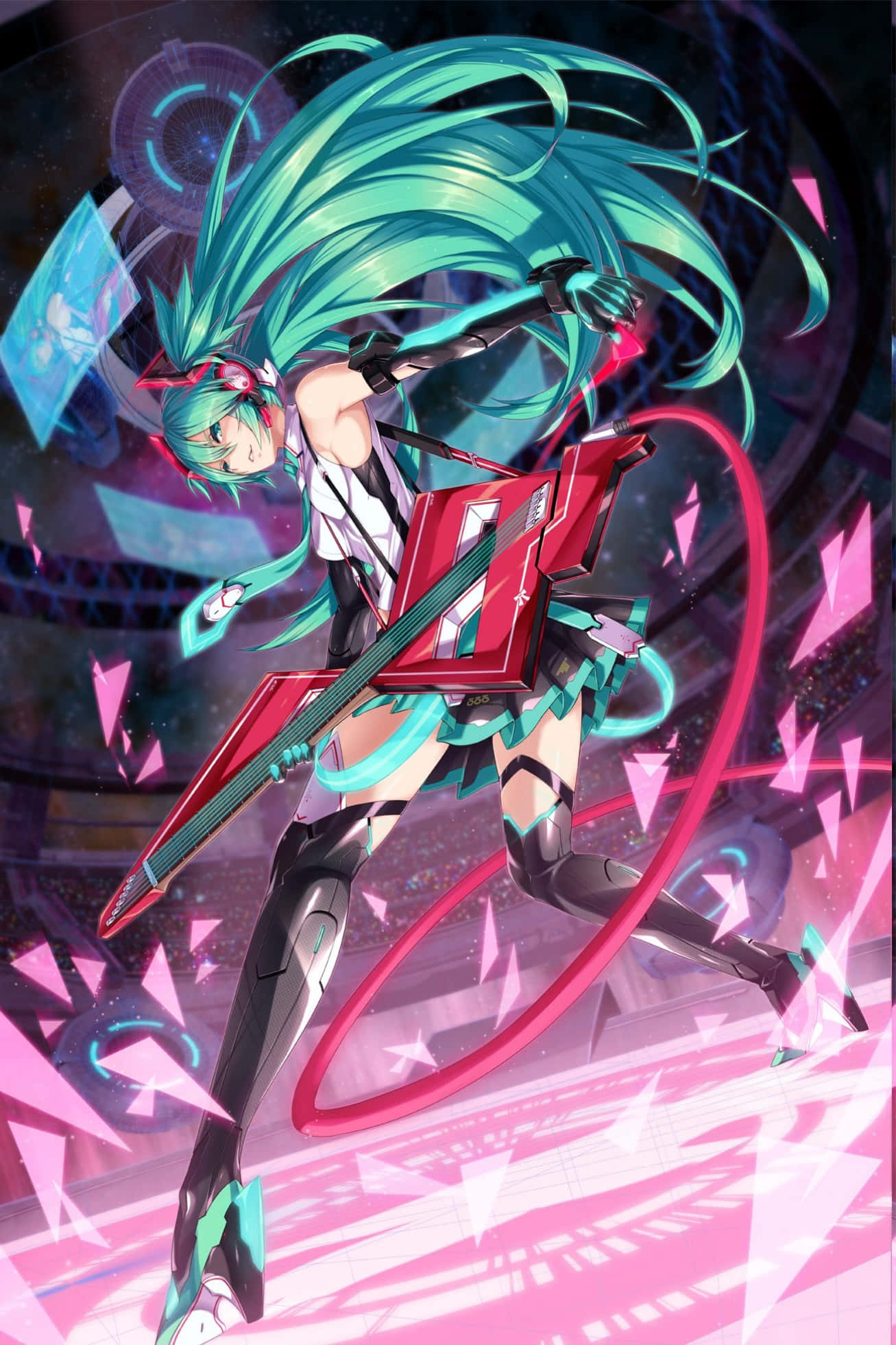 Vocaloid 桌布 壁紙 — 動畫女孩，一頭藍綠色頭髮，在充滿未來感的舞台上，於發光的粉紅和藍色數位碎片中彈奏電吉他。