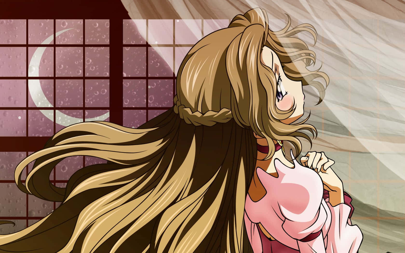 Nunnally Lamperouge 桌布 壁紙 — 動畫女孩，一頭飄逸金髮，在雨中的障子窗邊，新月下溫柔微笑。