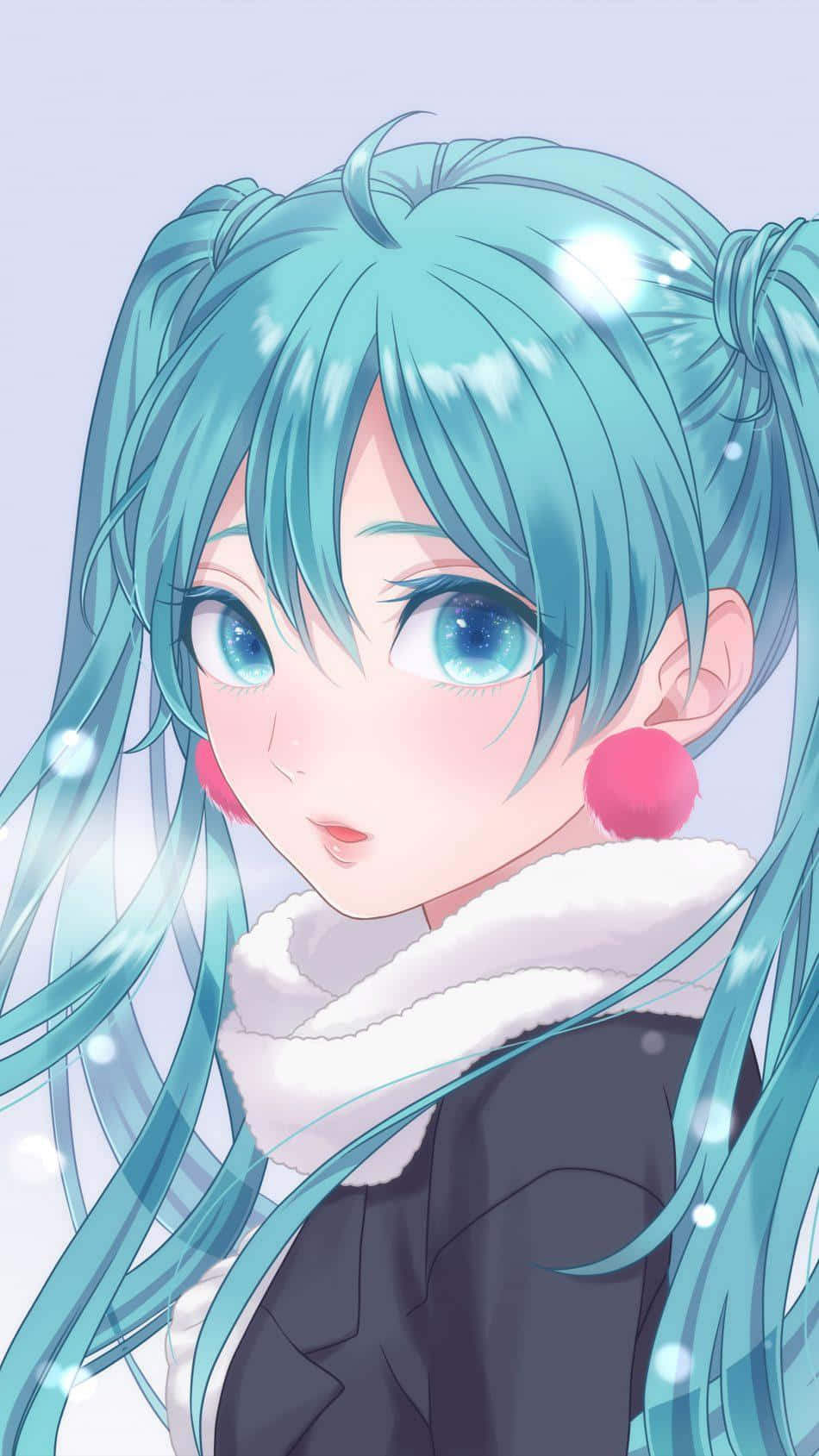 Vocaloid 桌布 壁紙 — 動畫女孩，擁有藍綠色雙馬尾和粉紅色絨球耳環，在雪景背景下溫柔微笑。