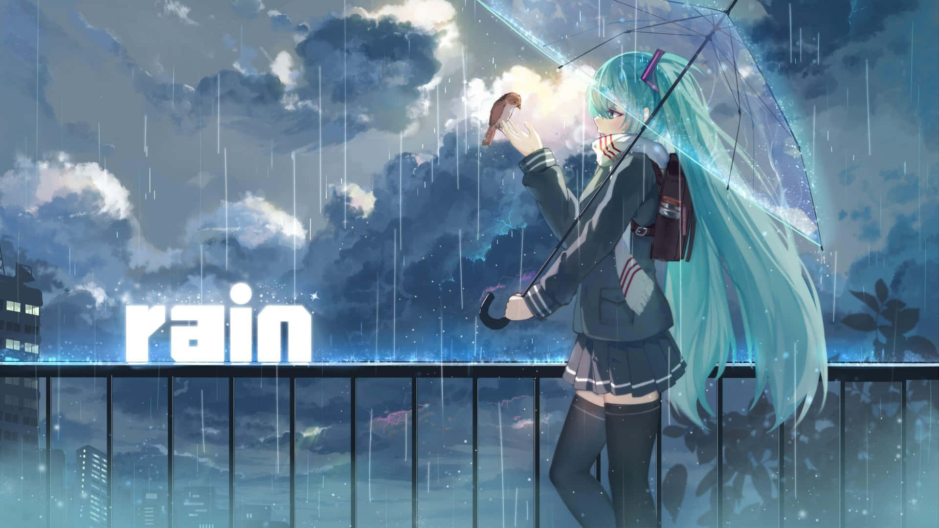  壁紙 — 動畫女孩，擁有藍綠色頭髮，在雨中的城市景觀中，站在陽台上，手持透明雨傘，天空有戲劇性的雲層。