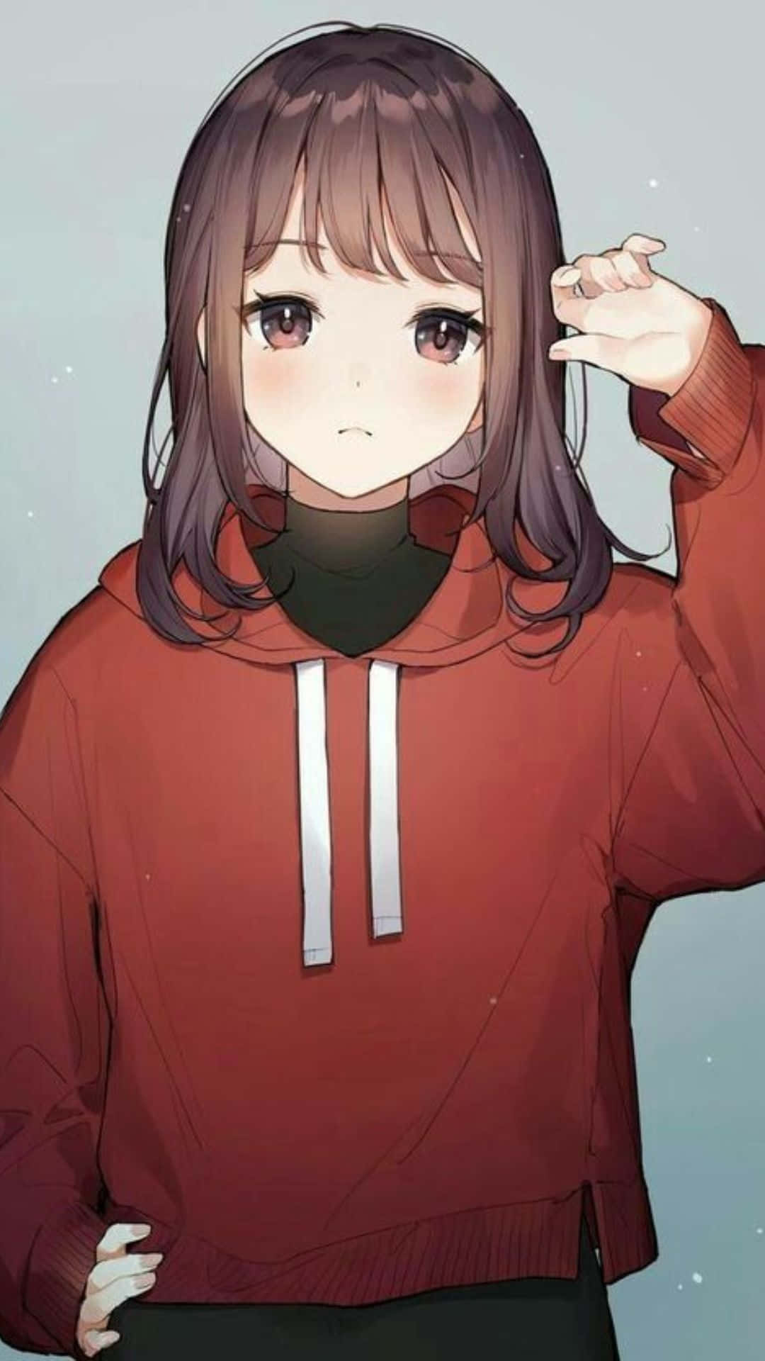 動漫頭像 桌布 壁紙 — 動畫女孩，棕色頭髮，紅色連帽衫，輕輕將頭靠在柔軟的藍色背景上。