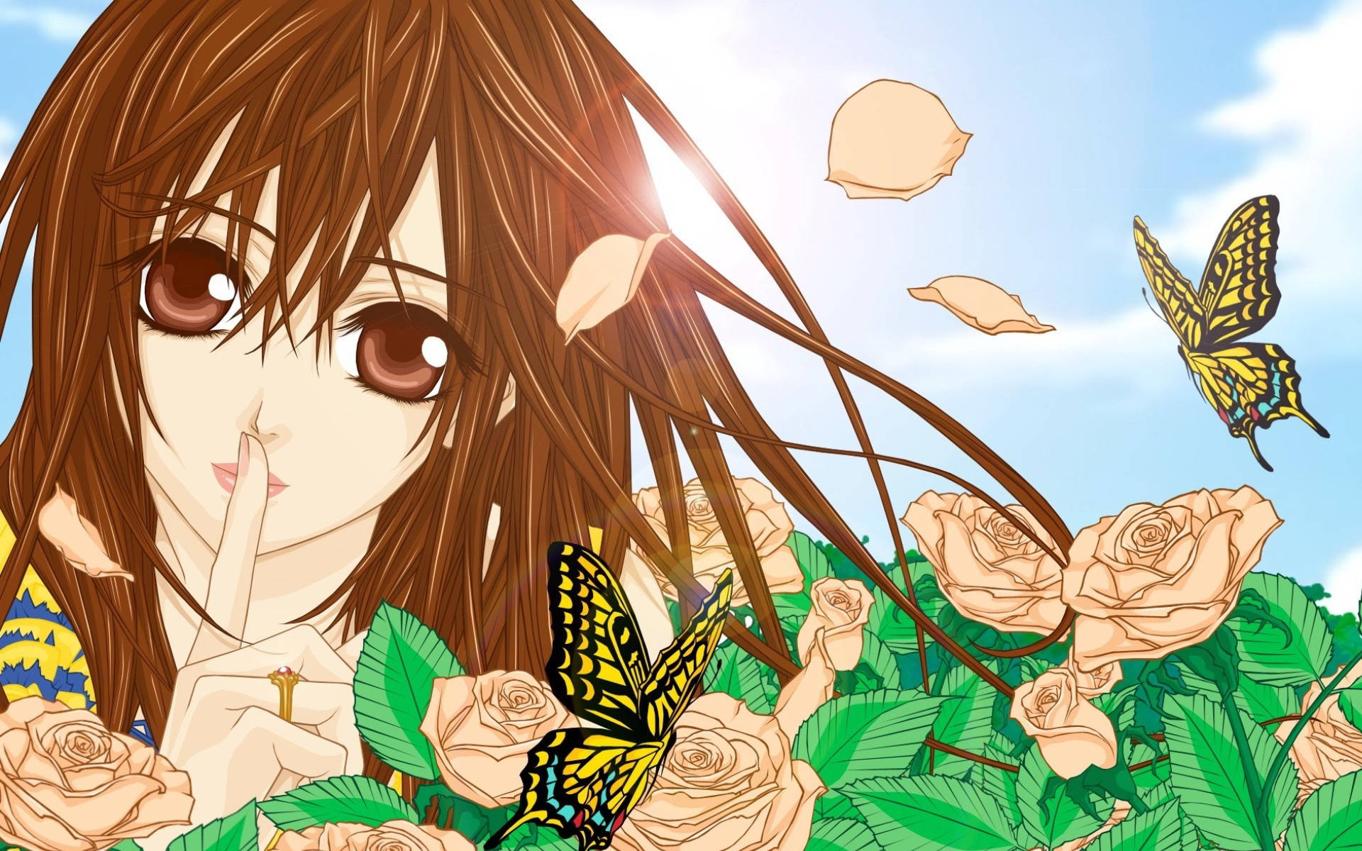 Vampire Knight 桌布 壁紙 — 動畫女孩，棕色頭髮，蝴蝶在蜜桃玫瑰中，陽光燦爛。