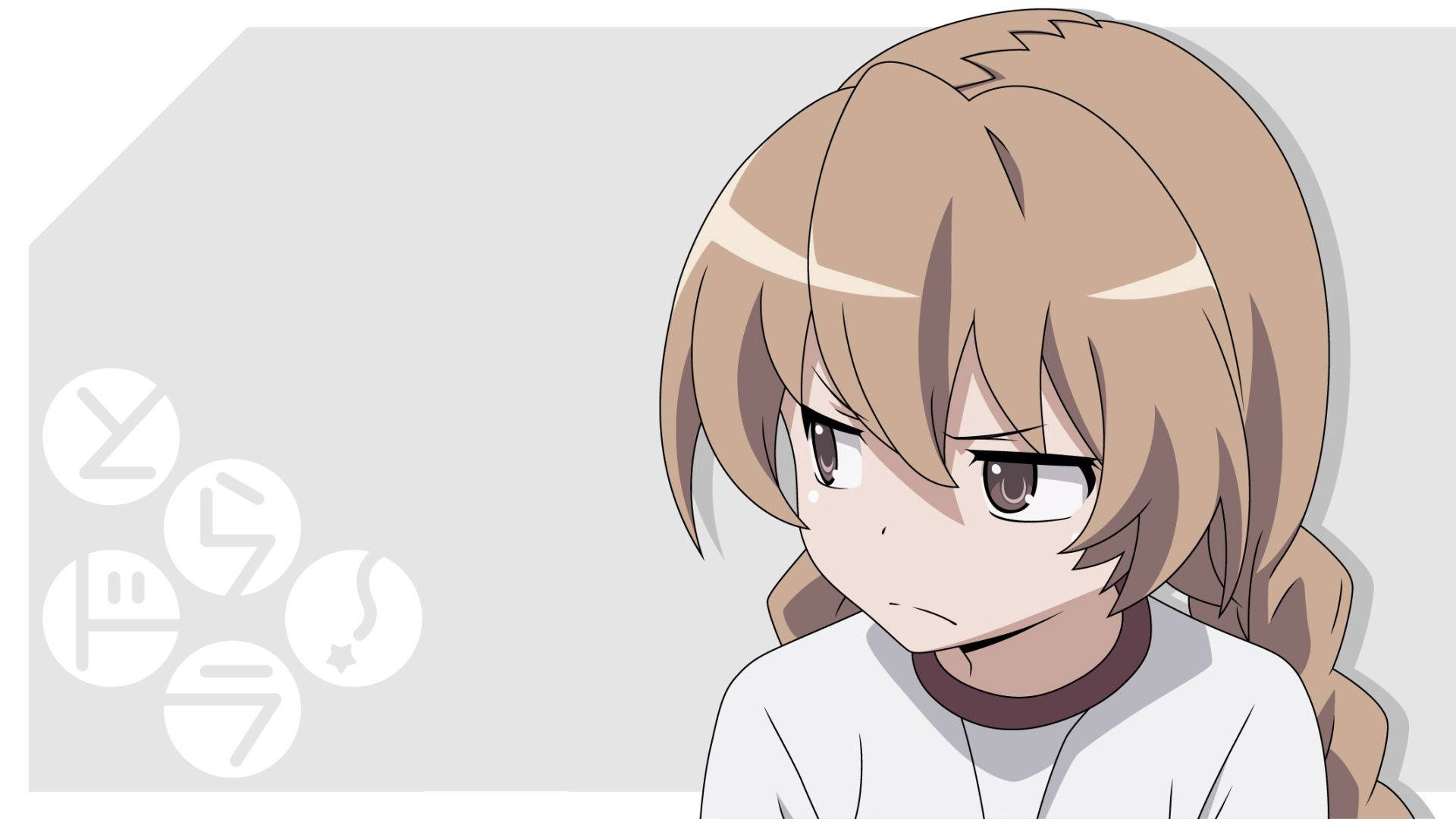 Animated 桌布 壁紙 — 動畫女孩，棕色頭髮，表情不悅，穿著白色襯衫，灰色背景上有日文文字圖標。