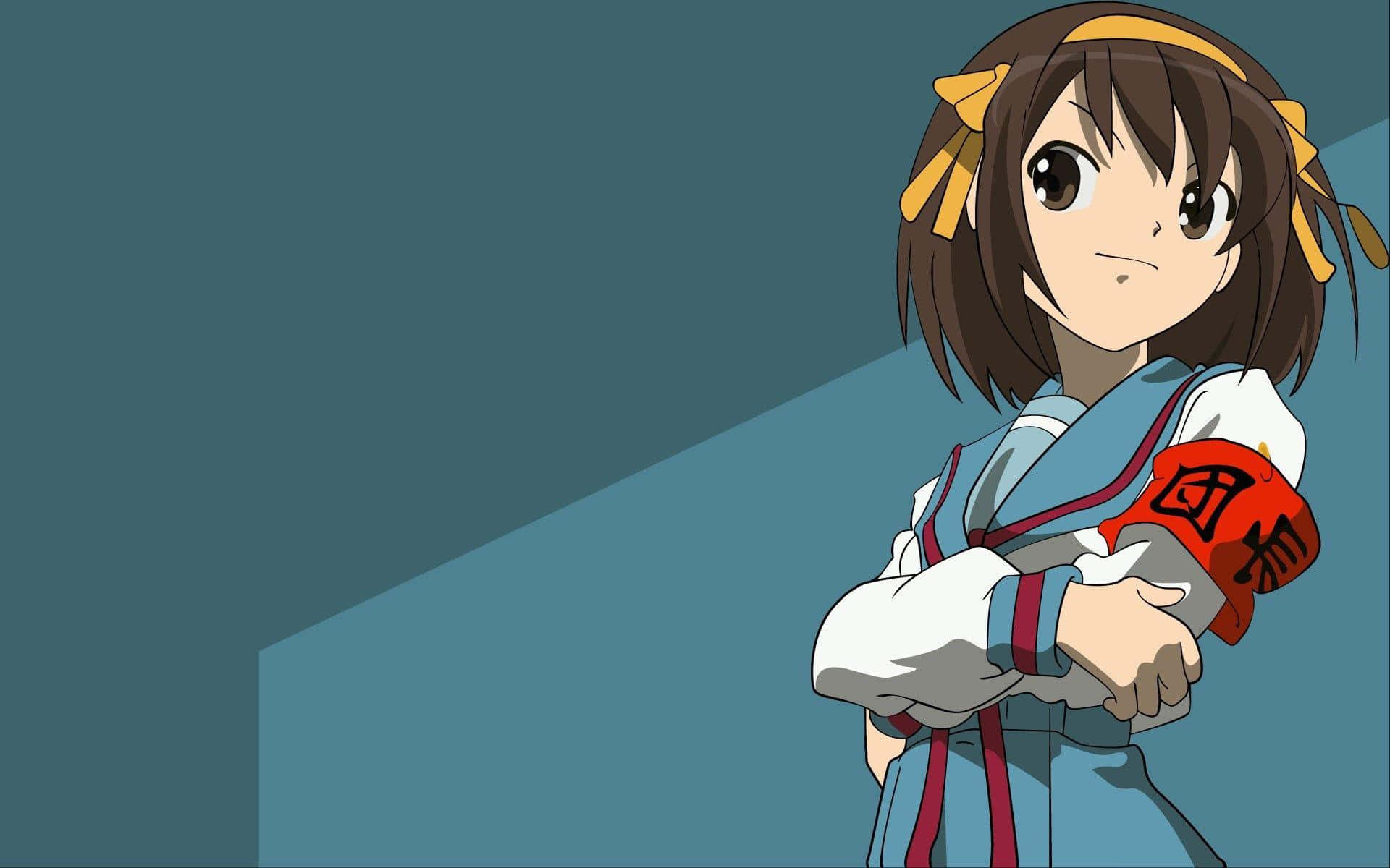 The Melancholy Of Haruhi Suzumiya 桌布 壁紙 — 動畫女孩，棕色頭髮，黃色絲帶，在青綠色背景前拿著帶有漢字的紅色帽子。