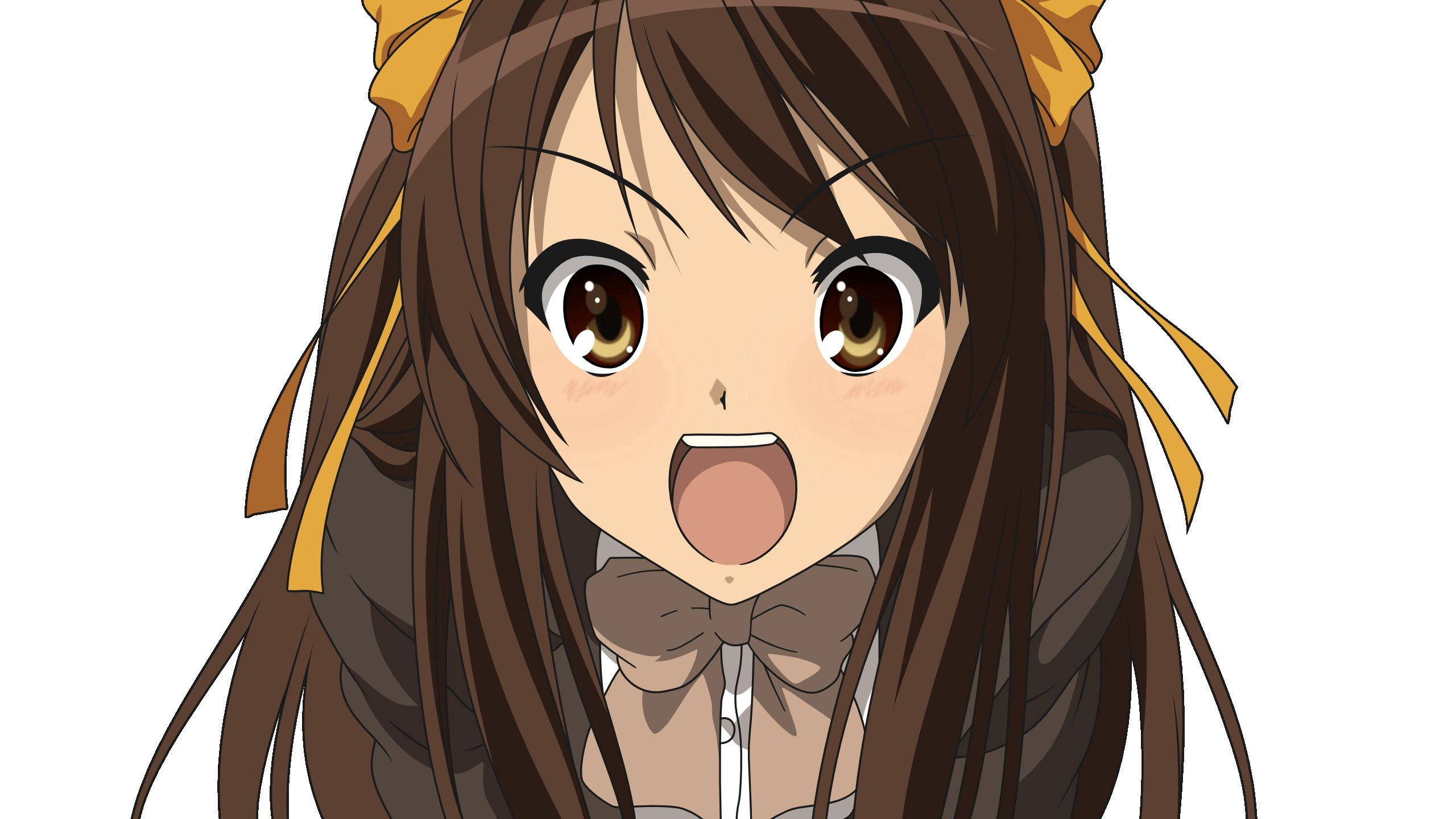 anime crying 桌布 壁紙 — 動畫女孩，棕色頭髮，黃色絲帶，在純白背景上驚訝地倒吸一口氣。