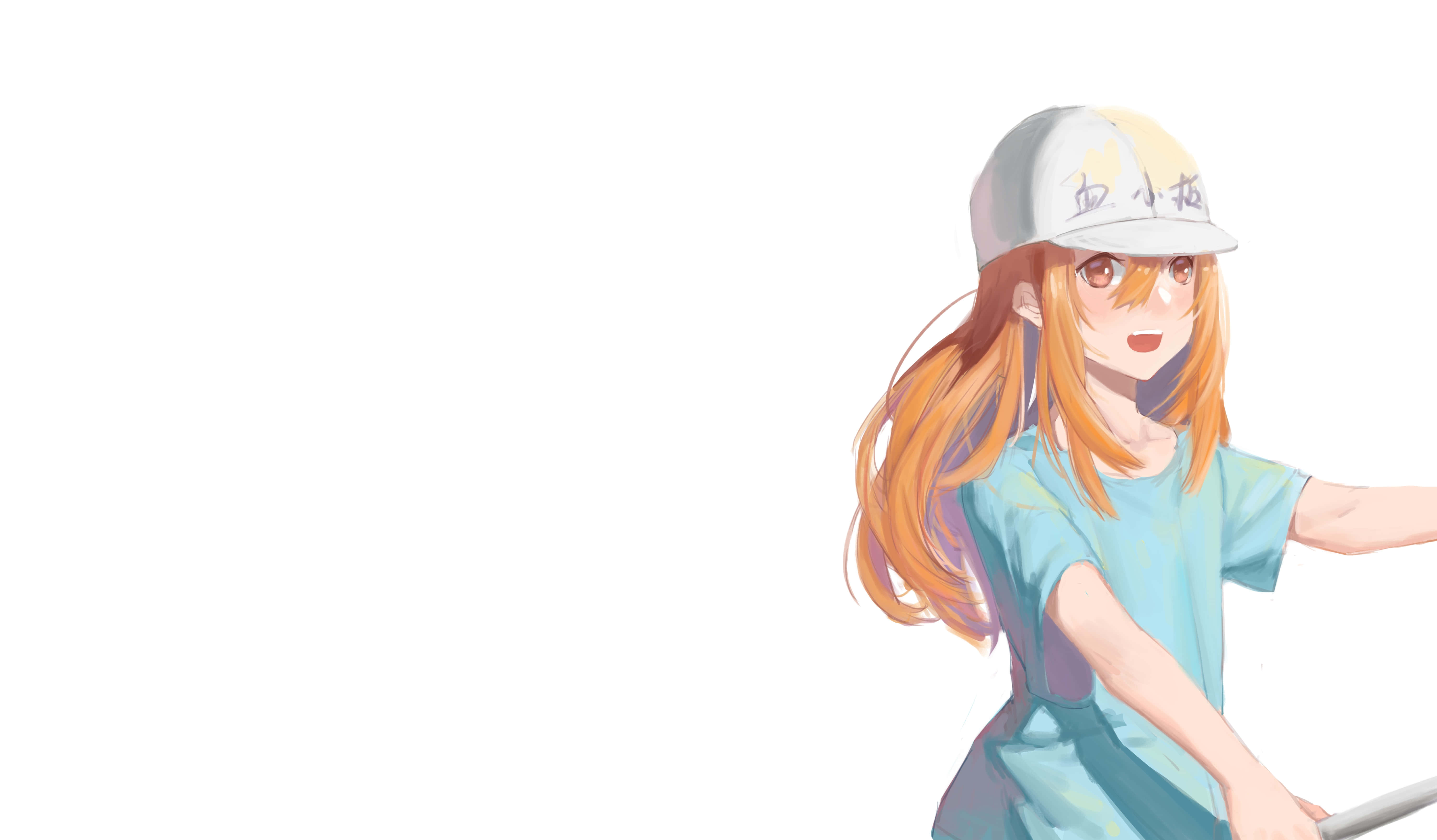 Cells At Work 桌布 壁紙 — 動畫女孩，橙色頭髮，戴白色帽子，在純白色背景上騎著滑板車微笑。