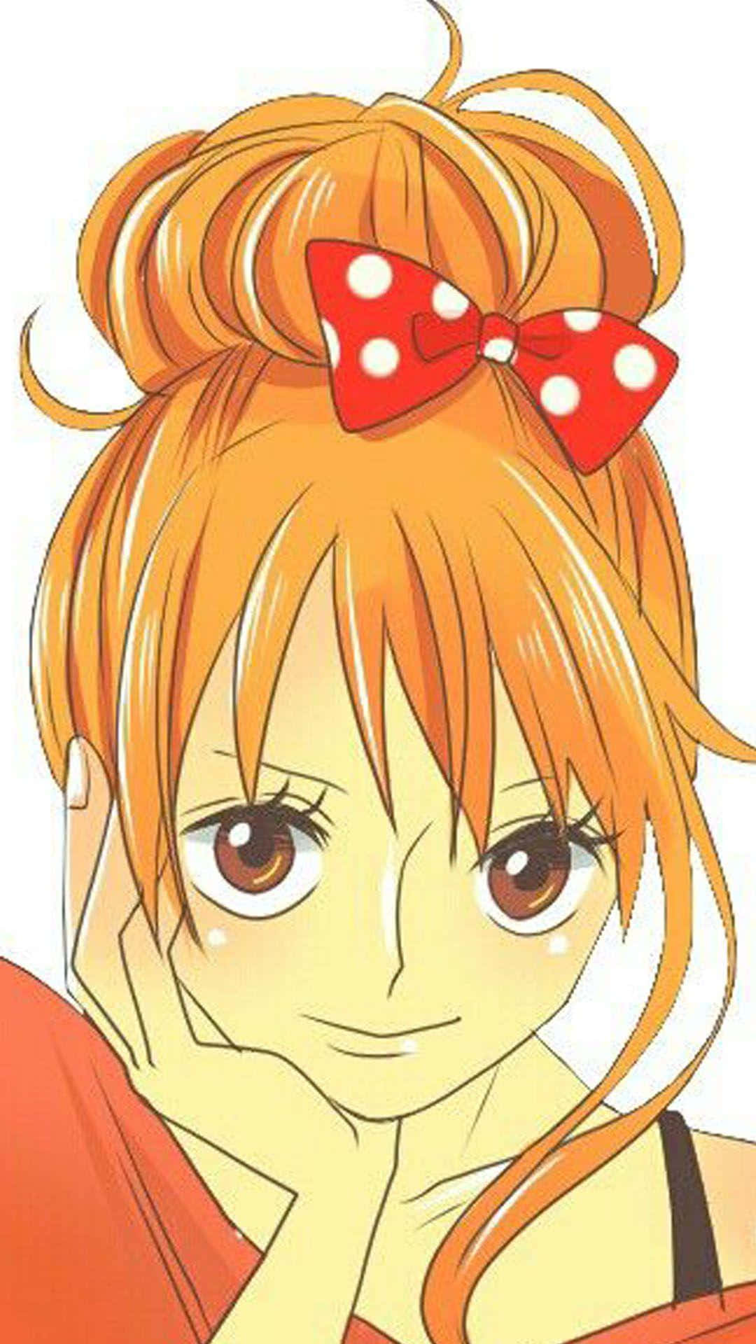 Nami 桌布 壁紙 — 動畫女孩，橙色頭髮梳成高髮髻，飾以紅色圓點蝴蝶結，微笑著將下巴擱在手上。