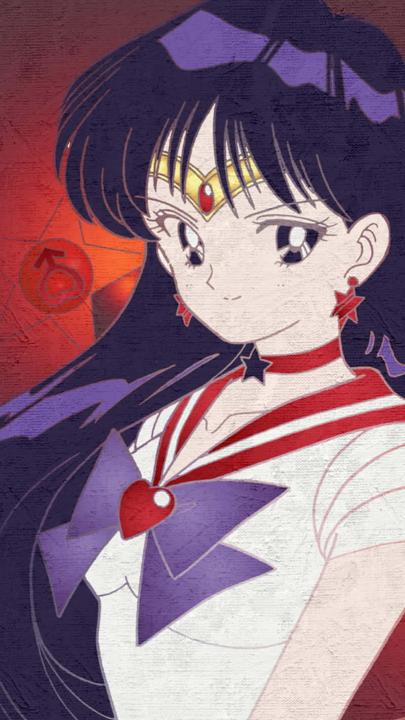 sailor mars 桌布 壁紙 — 動畫女孩，深色頭髮，紫色蝴蝶結，穿著水手服，背景為紋理紅色。