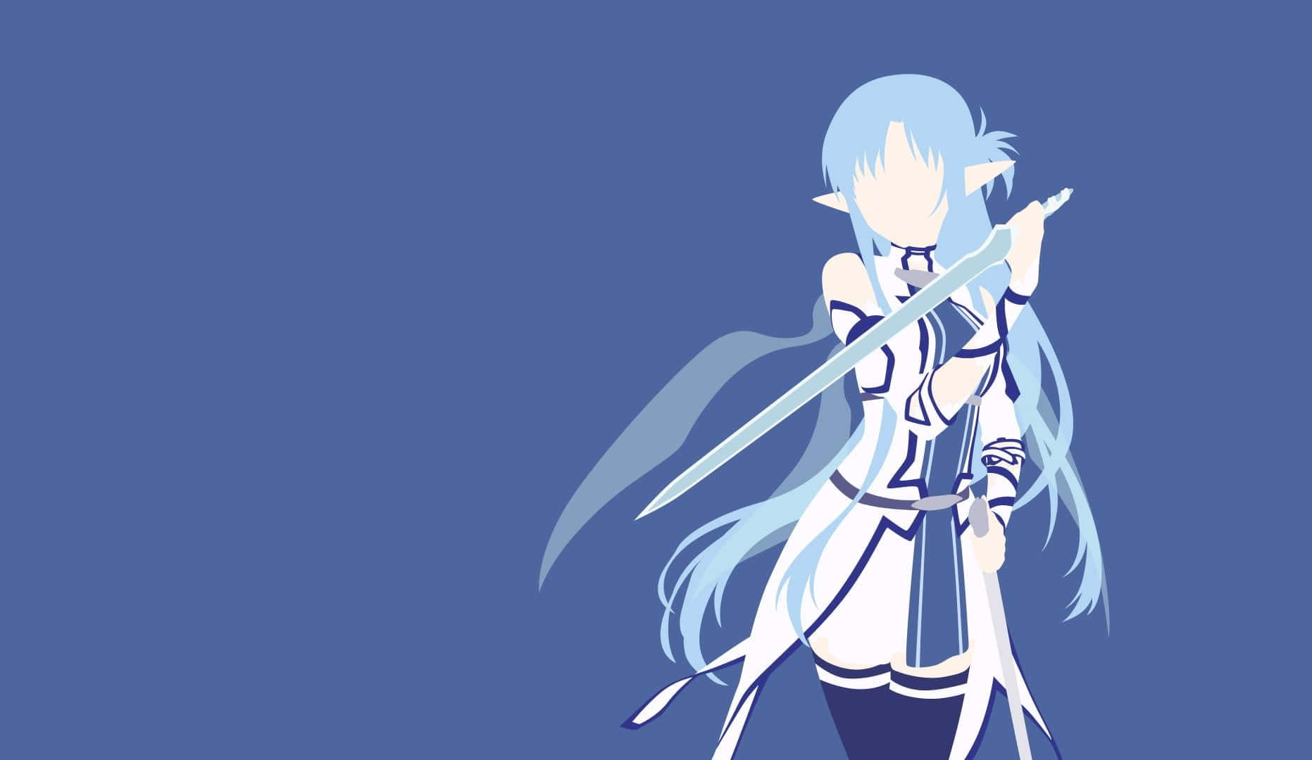 Yuuki Asuna 桌布 壁紙 — 動畫女孩，淺藍色頭髮，手持劍，站在純藍色背景前。